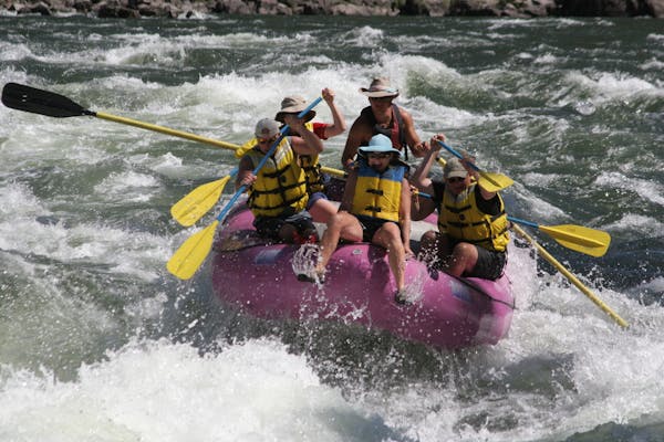 A group of Minnesotans and a guide paddle into rapids on the Salmon River. ] Jim Umhoefer, special to the Star Tribune