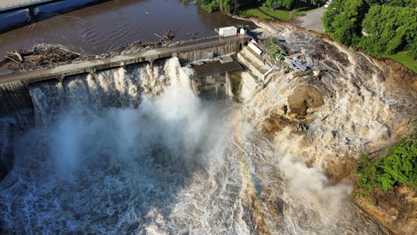 The Rapidan Dam around 9 a.m. Monday, June, 24, 2024. The dam on the Blue Earth River was in danger of failing, county officials warned.