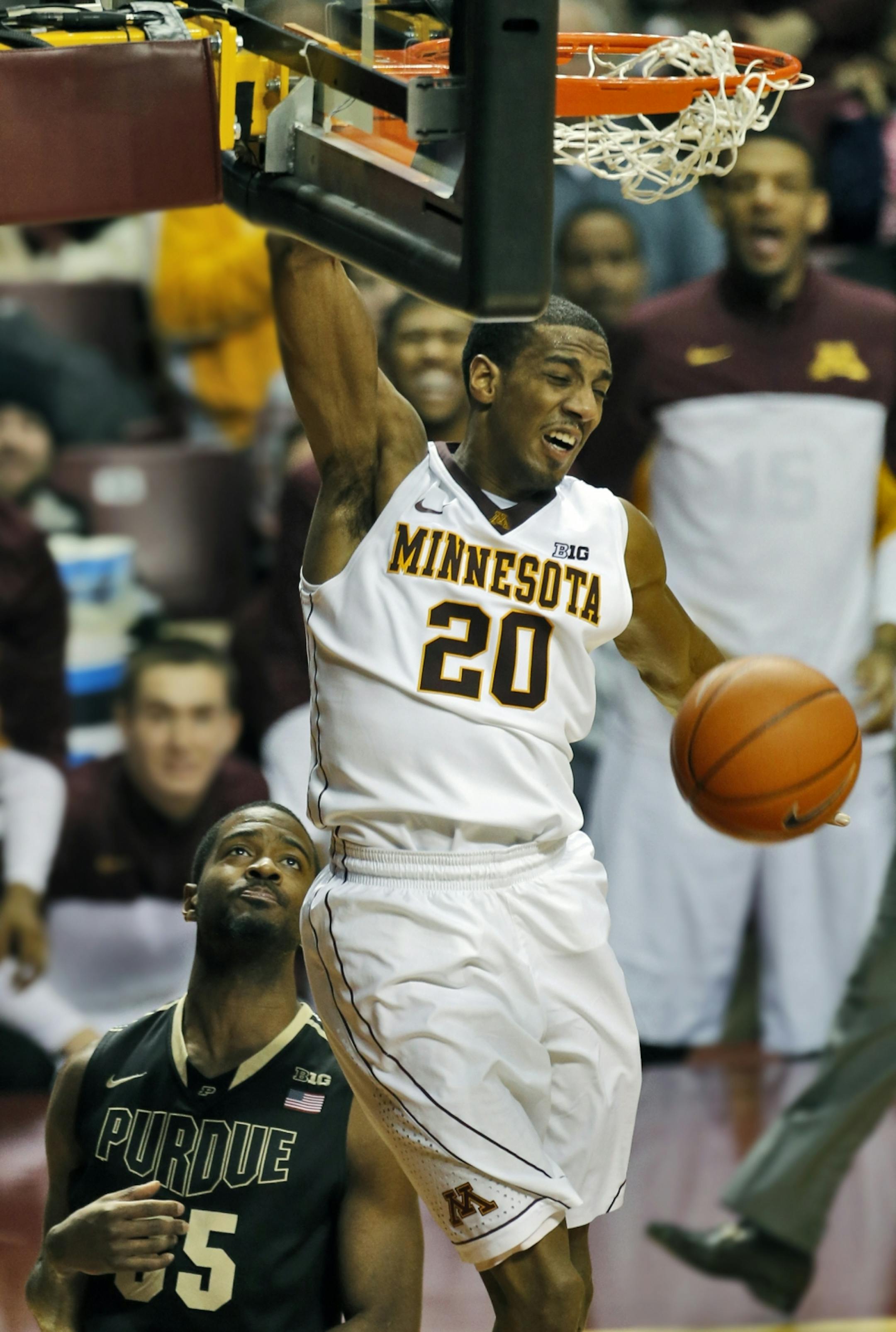 Minnesota Gophers mens basketball vs. Purdue. Minnesota won 82-79. Minnesota's Austin Hollins threw down a monster dunk in 2nd half action. (MARLIN LEVISON/STARTRIBUNE