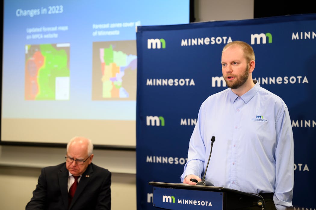 Minnesota Pollution Control Agency meteorologist Matt Taraldsen speaks at the State Emergency Operations Center in St. Paul on Thursday. Gov. Tim Walz's office held a briefing to address air quality conditions in the coming months.