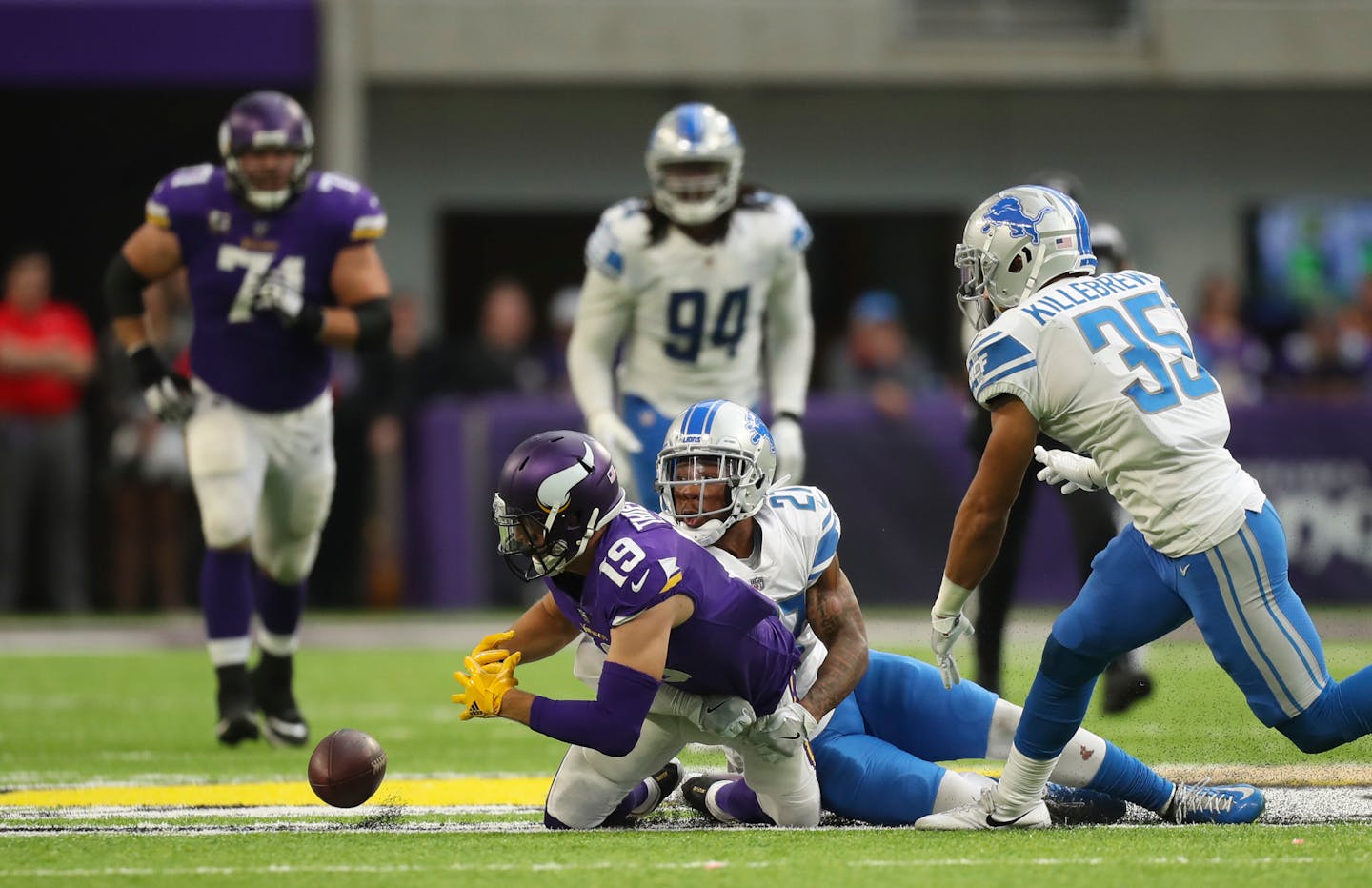 Minnesota Vikings wide receiver Adam Thielen (19) fumbled after making an 11 yard pass reception with under two minutes left in the fourth quarter, sealing the Vikings' loss.