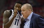 Timberwolves head coach Tom Thibodeau, right, talks with guard Jamal Crawford during the first half in Game 5 of the playoffs. Thibodeau is also the t