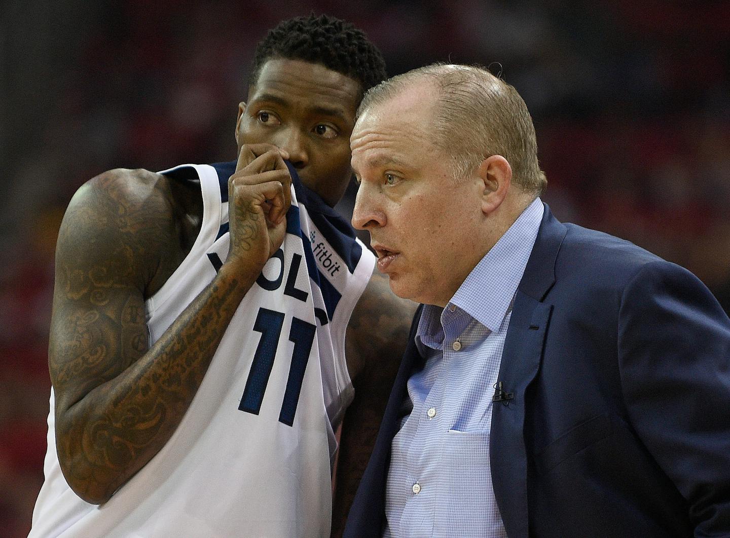 Timberwolves head coach Tom Thibodeau, right, talks with guard Jamal Crawford during the first half in Game 5 of the playoffs. Thibodeau is also the team's president of basketball operations.