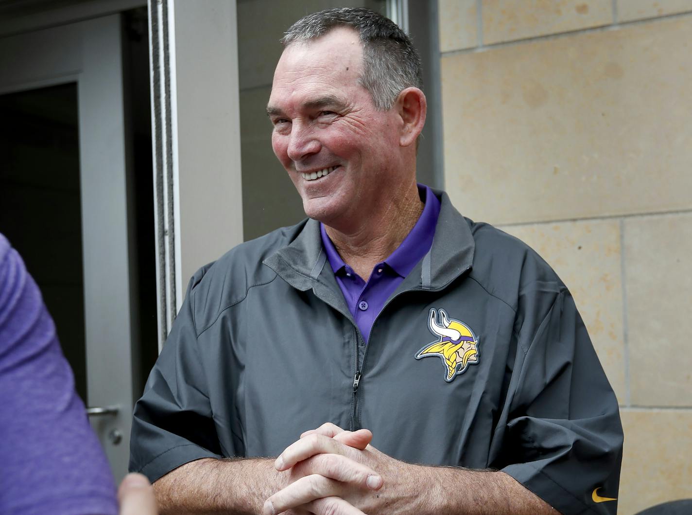 Minnesota Vikings head coach Mike Zimmer reacted as general manager Rick Spielman spoke to the media about Zimmer's contract extension. ] CARLOS GONZALEZ cgonzalez@startribune.com - July 28, 2016, Mankato, MN, Minnesota State University, Mankato, Minnesota Vikings Training Camp