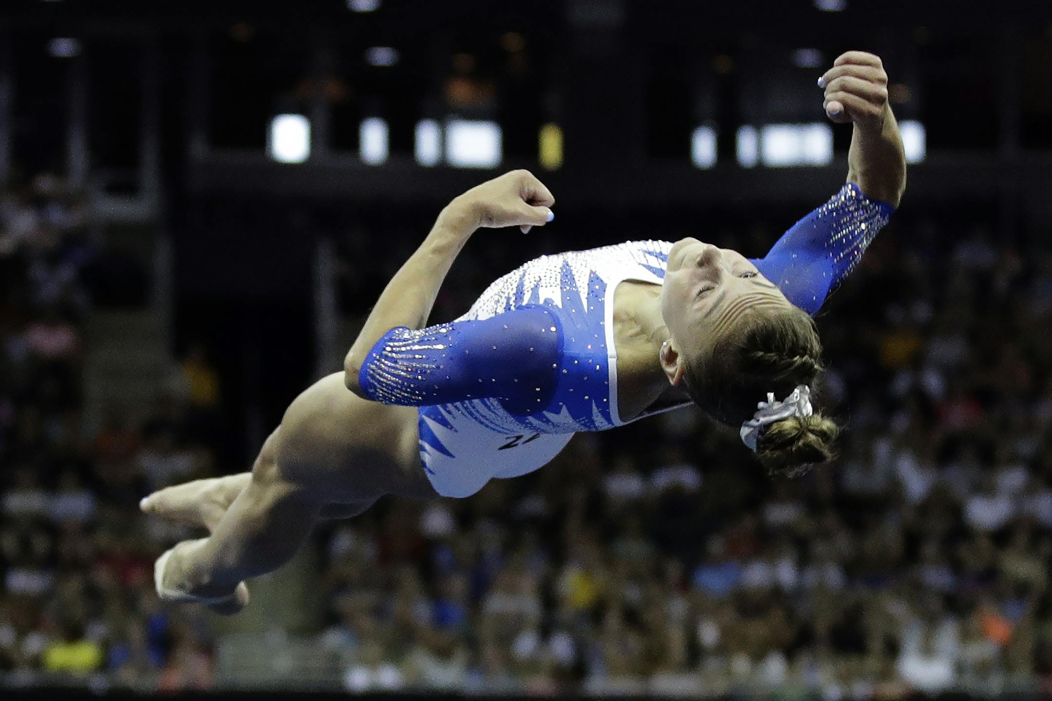 Grace McCallum competes in the floor exercise during the senior women's competition at the 2019 U.S. Gymnastics Championships Sunday, Aug. 11, 2019, in Kansas City, Mo. McCallum finished third in the all-around. (AP Photo/Charlie Riedel)