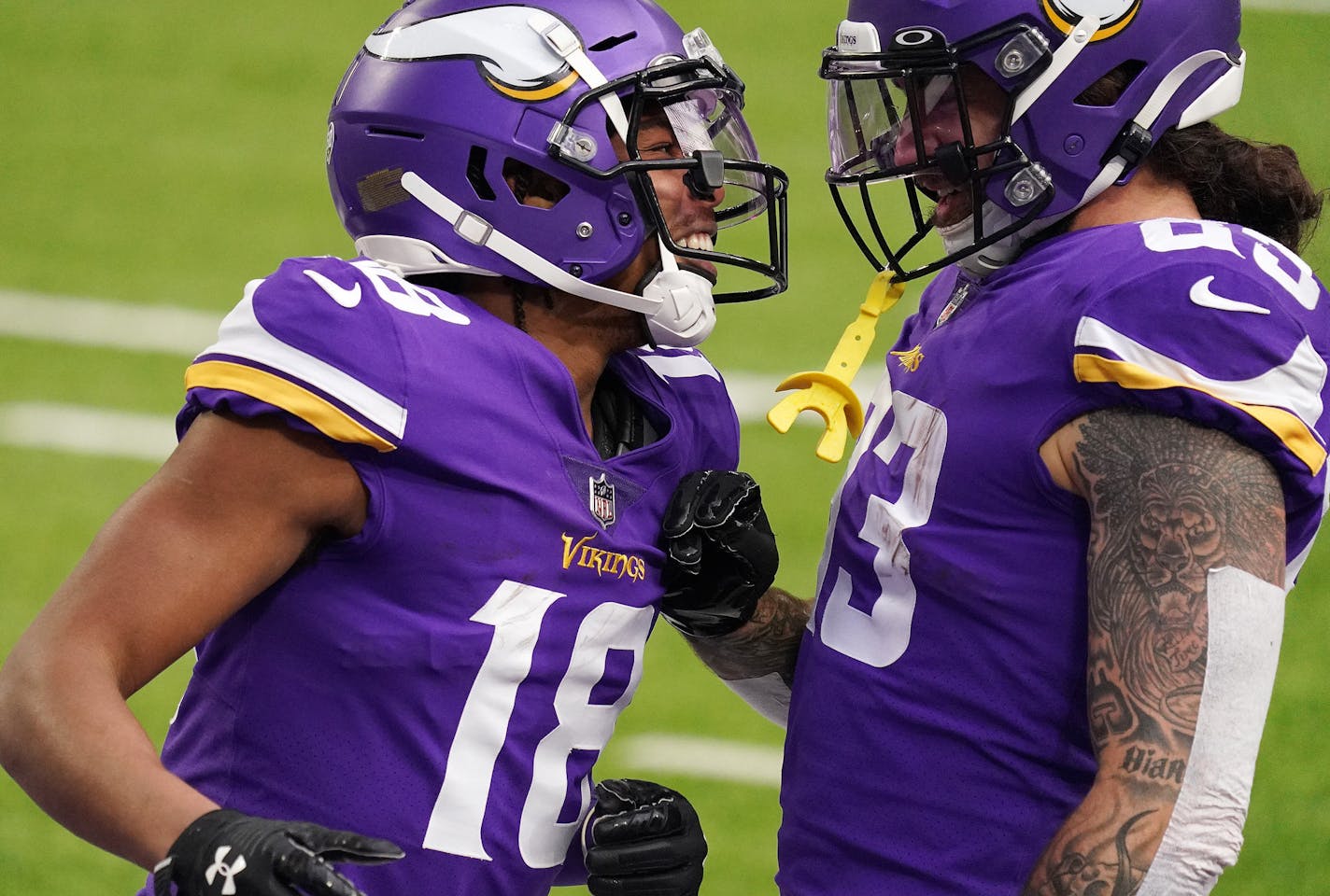 Justin Jefferson (18, with tight end Tyler Conklin) was the Vikings' go-to receiver in the red zone with touchdown catches of 10 and 12 yards Sunday.