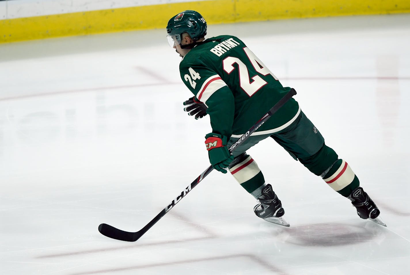 Minnesota Wild's Matt Dumba (24) wears a Bryant sweater to honor the late Kobe Bryant as he warms up against the Boston Bruins before an NHL hockey game Saturday, Feb. 1, 2020, in St. Paul, Minn. (AP Photo/Hannah Foslien)