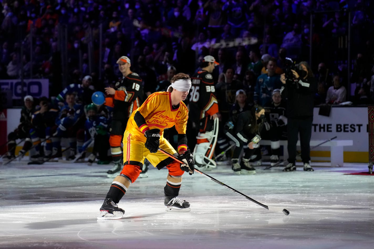 Anaheim Ducks' Trevor Zegras participates in the Skills Competition breakaway challenge event, part of the NHL All-Star weekend, Friday, Feb. 4, 2022, in Las Vegas. (AP Photo/Rick Scuteri)