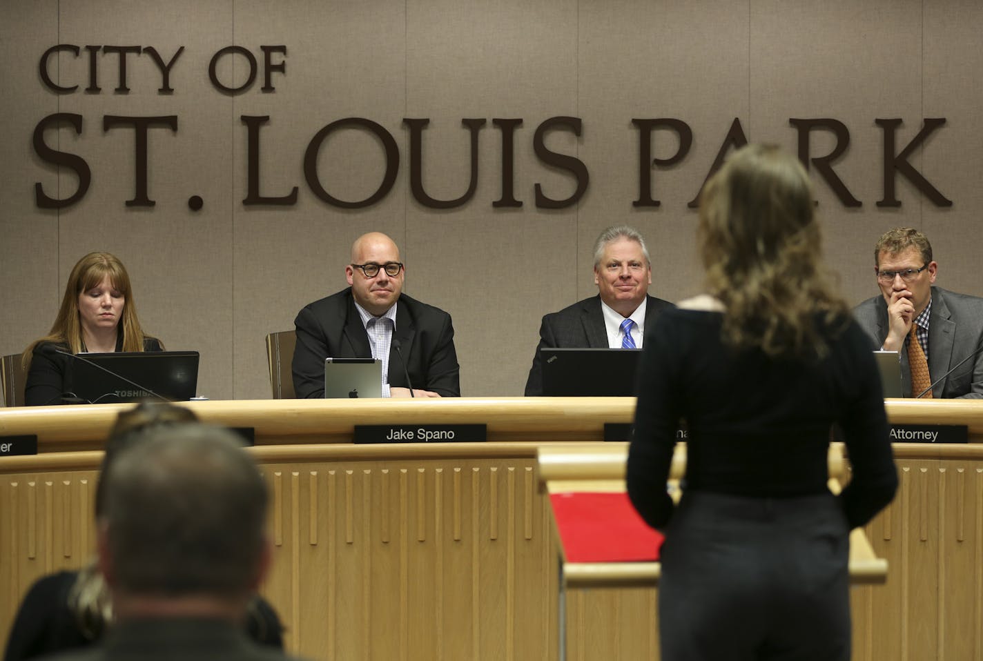 City council Mayor Jake Spano, City Manager Tom Harmening, and City Attorney Soren Mattick listened as St. Louis Park High School's Sophia Skinner of the Roots and Shoots club addressed the City Council during their meeting Monday night. At left was Recording Secretary Nicolette Batra. ] JEFF WHEELER &#x2022; jeff.wheeler@startribune.com Climate change is foremost on St. Louis Park students' minds, and now it's their turn to give out the grades. On Monday evening, March 21, 2016 four members of