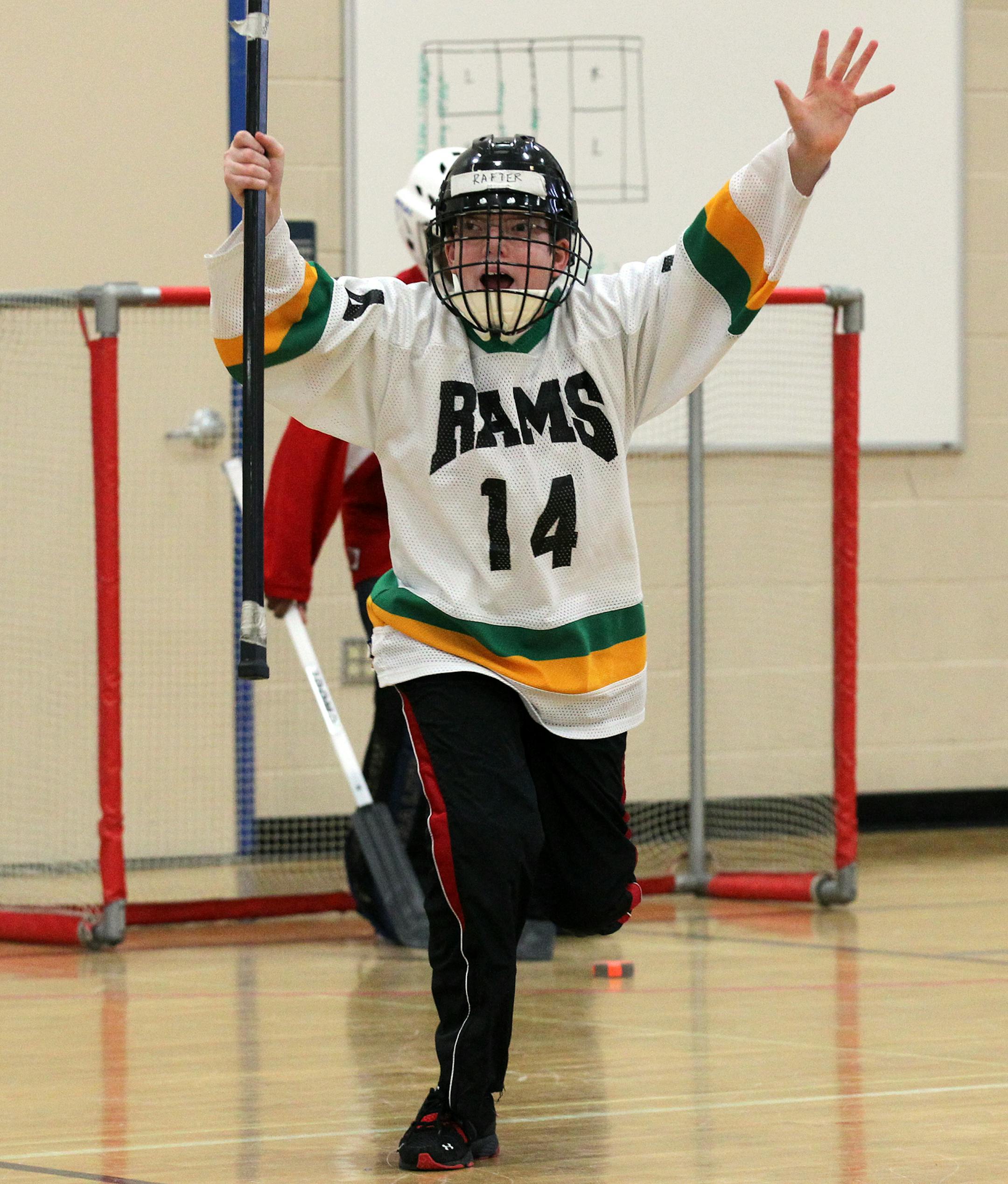 Adapted Floor Hockey game - Cognitively Impaired Division North, Varsity Playoffs - Mounds View/Irondale/Rosedale (MVIR) vs. St. Paul Highland Park. MVIR's Chris Rafter celebrated after scoring a goal. (MARLIN LEVISON/STARTRIBUNE(mlevison@startribune.com (cq -)
