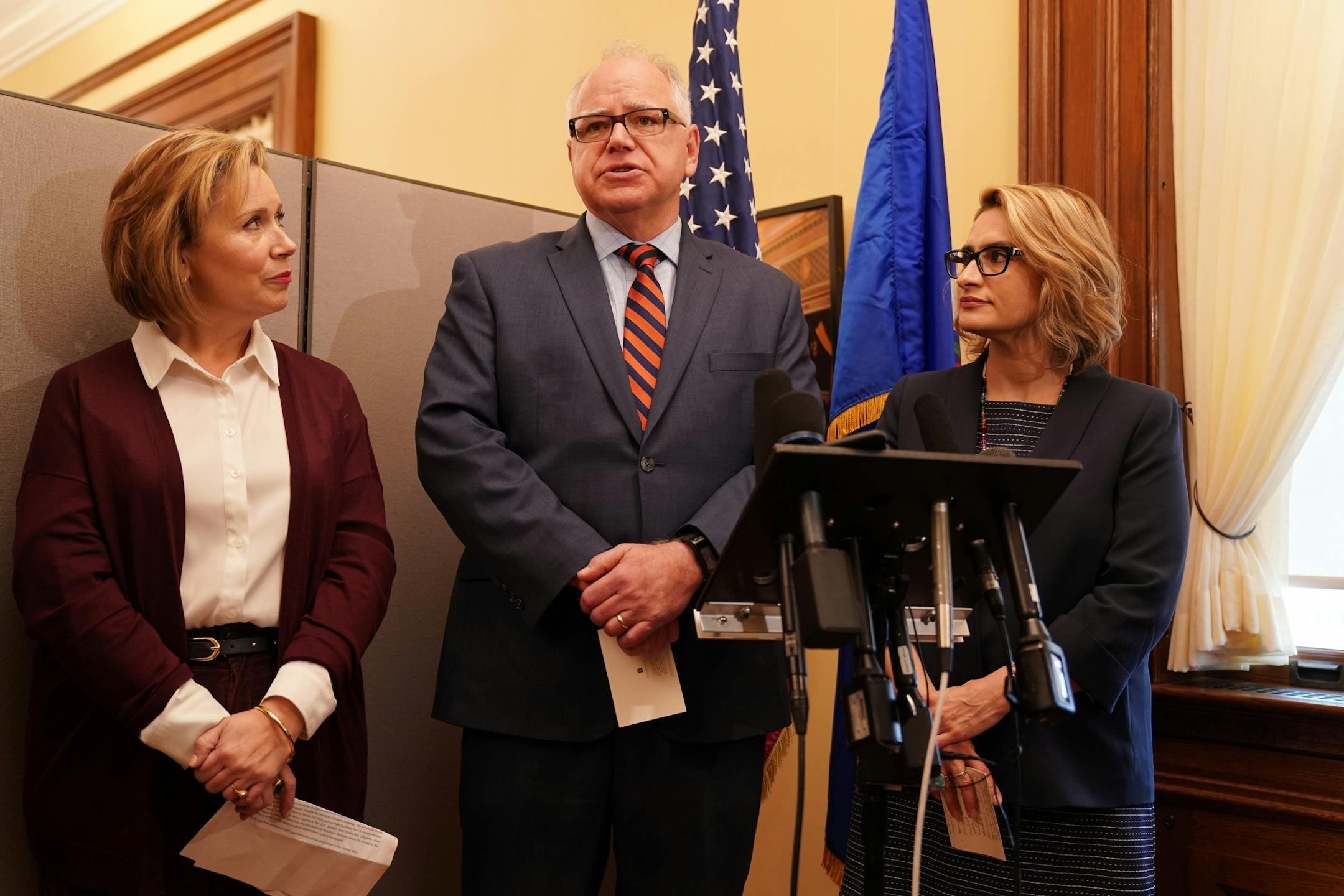 Gwen Walz, her husband Gov.-elect Tim Walz, and Lt. Gov.-elect Peggy Flanagan talked with reporters during a press conference at their transition offices in the State Capitol Thursday morning.