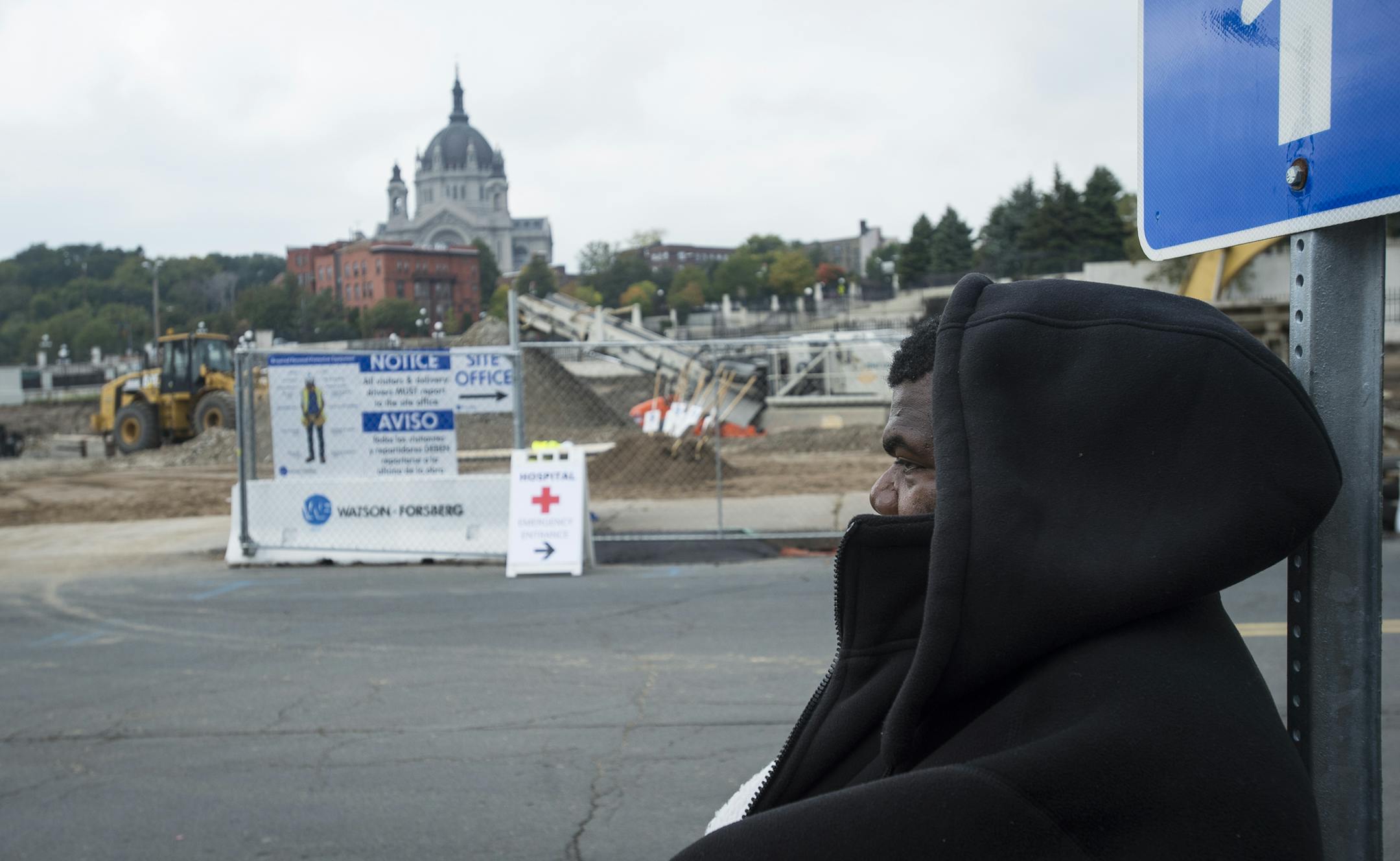 Justin Willis, a client of Catholic Charities in St. Paul, looked on while hanging out near the construction site for the new Dorothy Day Center in St. Paul. ] Aaron Lavinsky &#x2022; aaron.lavinsky@startribune.com Catholic Charities, elected officials and business leaders gathered in downtown St. Paul Thursday to break round on the new Dorothy Day Center. The new, two-building campus to prevent homelessness, is going up because the current facility is overcrowded. Photographed Thursday, Oct. 8,