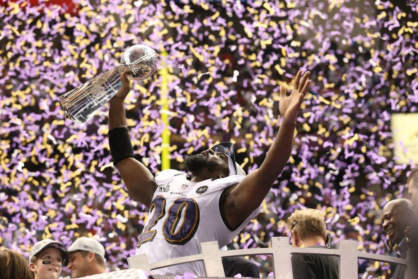 Baltimore Ravens safety Ed Reed holds the Vince Lombardi Trophy after the Ravens defeated the San Francisco 49ers in Super Bowl XLVII