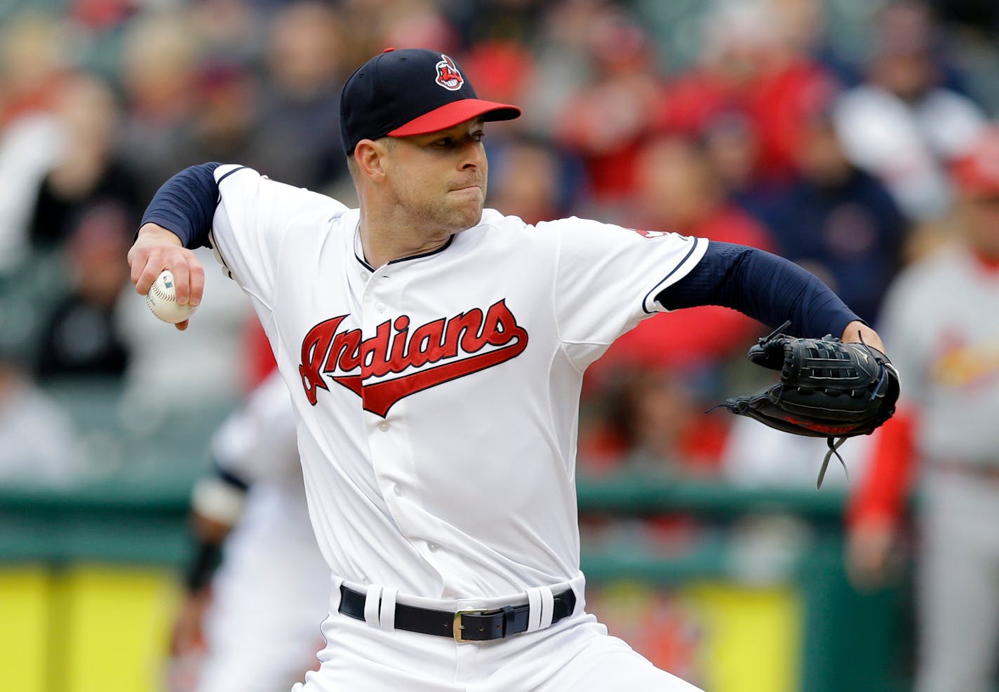 Cleveland Indians starting pitcher Corey Kluber delivers in the first inning of a baseball game against the St. Louis Cardinals, Wednesday, May 13, 2015, in Cleveland. (AP Photo/Tony Dejak)