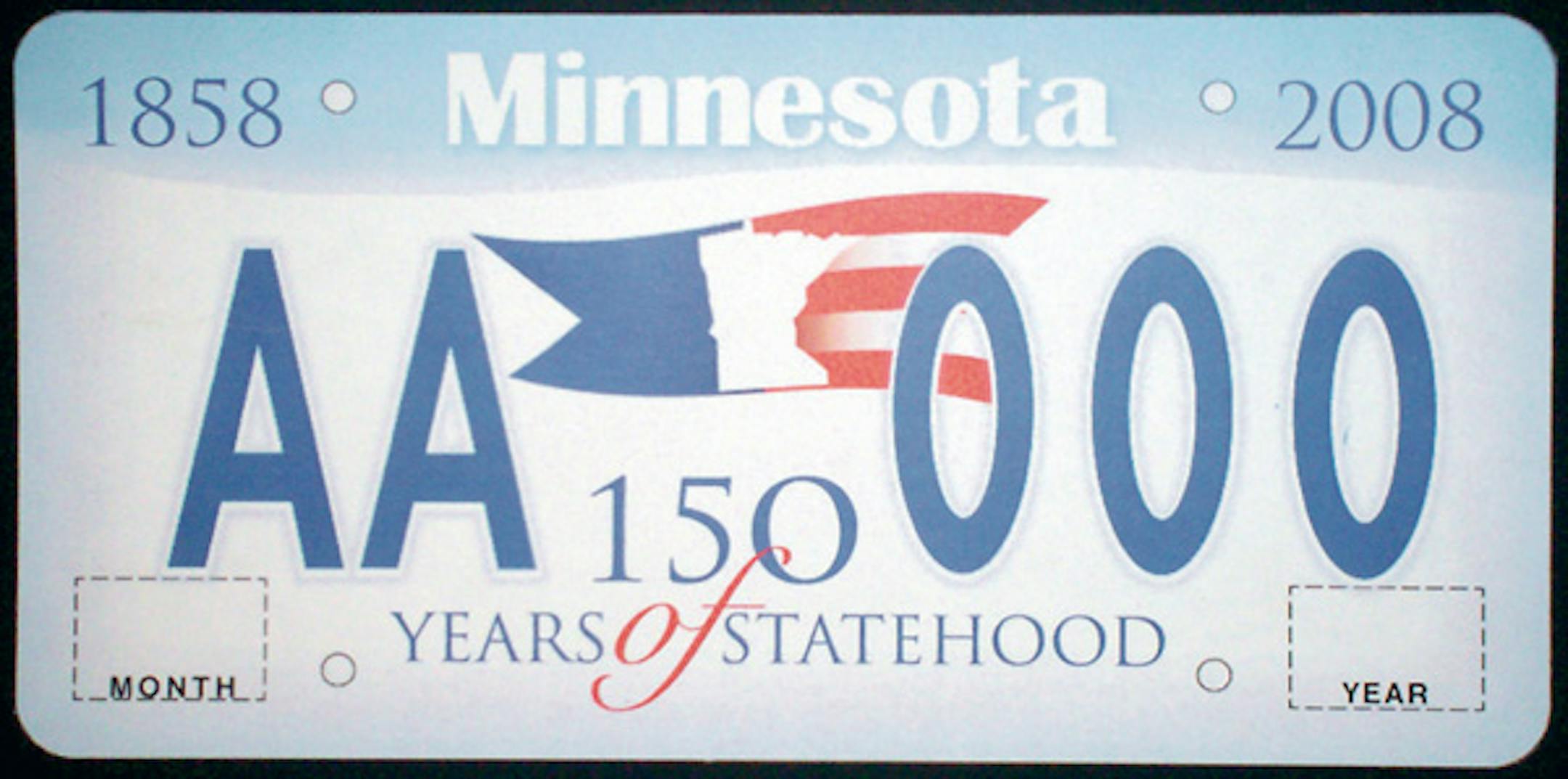 A couple of suggested versions of a Minnesota commemorative plate have been prepared, each featuring the Sesquicentennial logo — a blue pennant with the state in the middle and red and white stripes on the right.