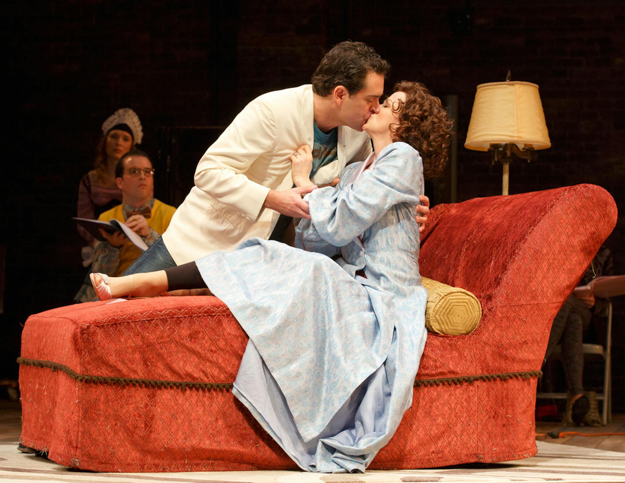 0044: Rebecca Hurd (Maid), Grant Fletcher Prewitt (Kevin), Todd Gearhart (He) and Stacia Rice (She) in the Guthrie Theater's production of STAGE KISS, by Sarah Ruhl, directed by Casey Stangl with set design by Todd Rosenthal, costume design by Devon Painter and lighting design by Tom Mays. July 18 - August 30, 2015 on the McGuire Proscenium Stage at the Guthrie Theater, Minneapolis. Photo by Joan Marcus.