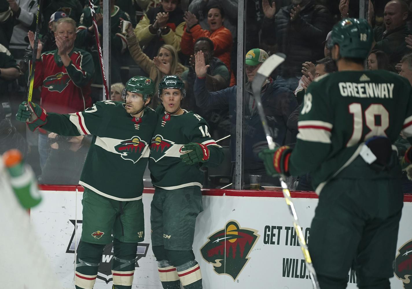 Minnesota Wild center Joel Eriksson Ek (14) celebrated his first period goal with teammate Marcus Foligno (17), while Jordan Greenway (18) skated to join them. ] JEFF WHEELER • Jeff.Wheeler@startribune.com The MInnesota Wild faced the Vegas Golden Knights in an NHL hockey game Tuesday night, February 11, 2020 at Xcel Energy Center in St. Paul.