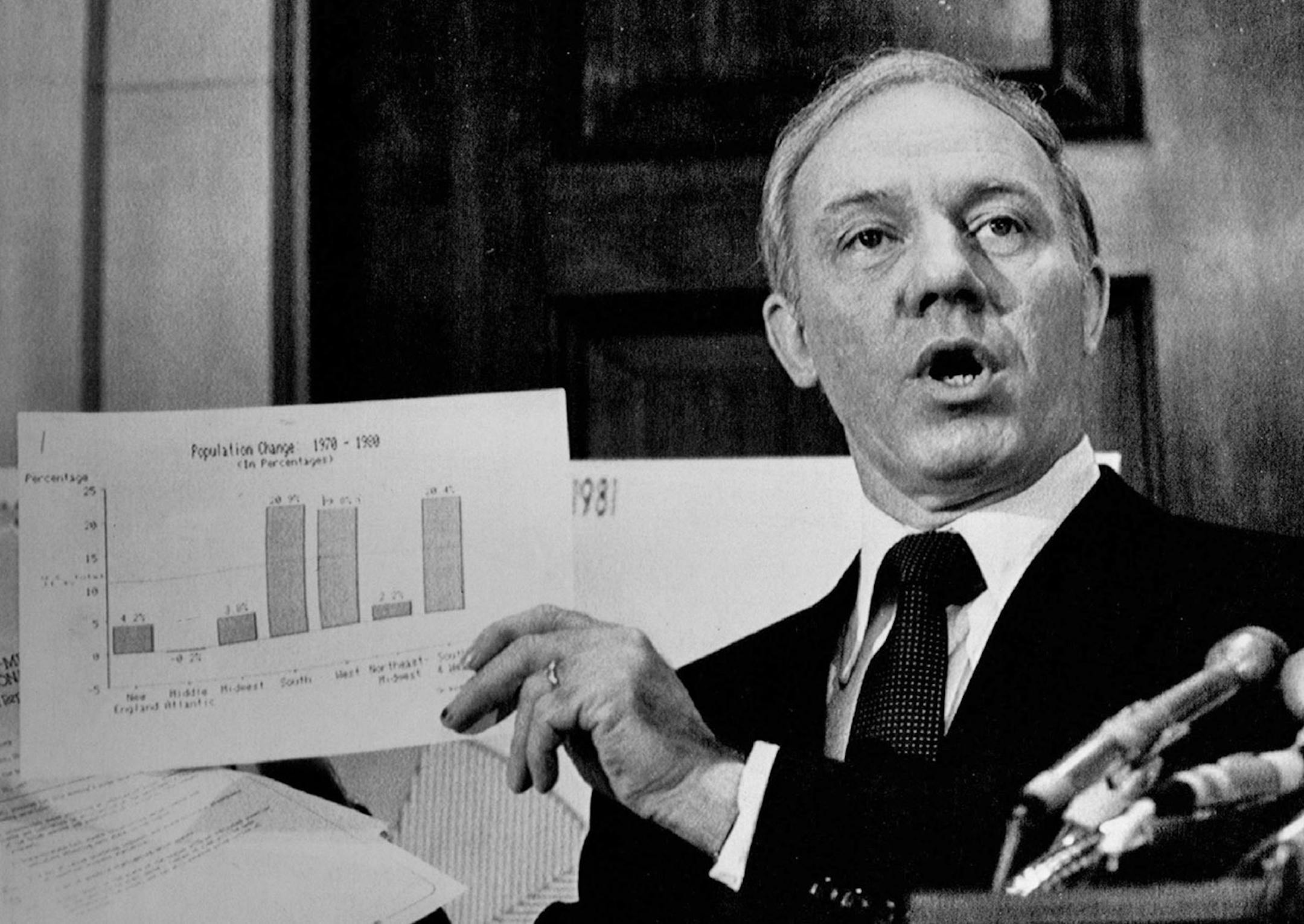 January 20, 1983 regional Report -- Rep James L. Oberstar, D- Minn., Faces reporters on Capitol Hill Thursday where,with the State of the Region preview report. Oberstar is a co-chairman of the Northeast-Midwest Congressional Coalition. The preview dealt with economic trends in that region. John Duricka, AP Laserphoto