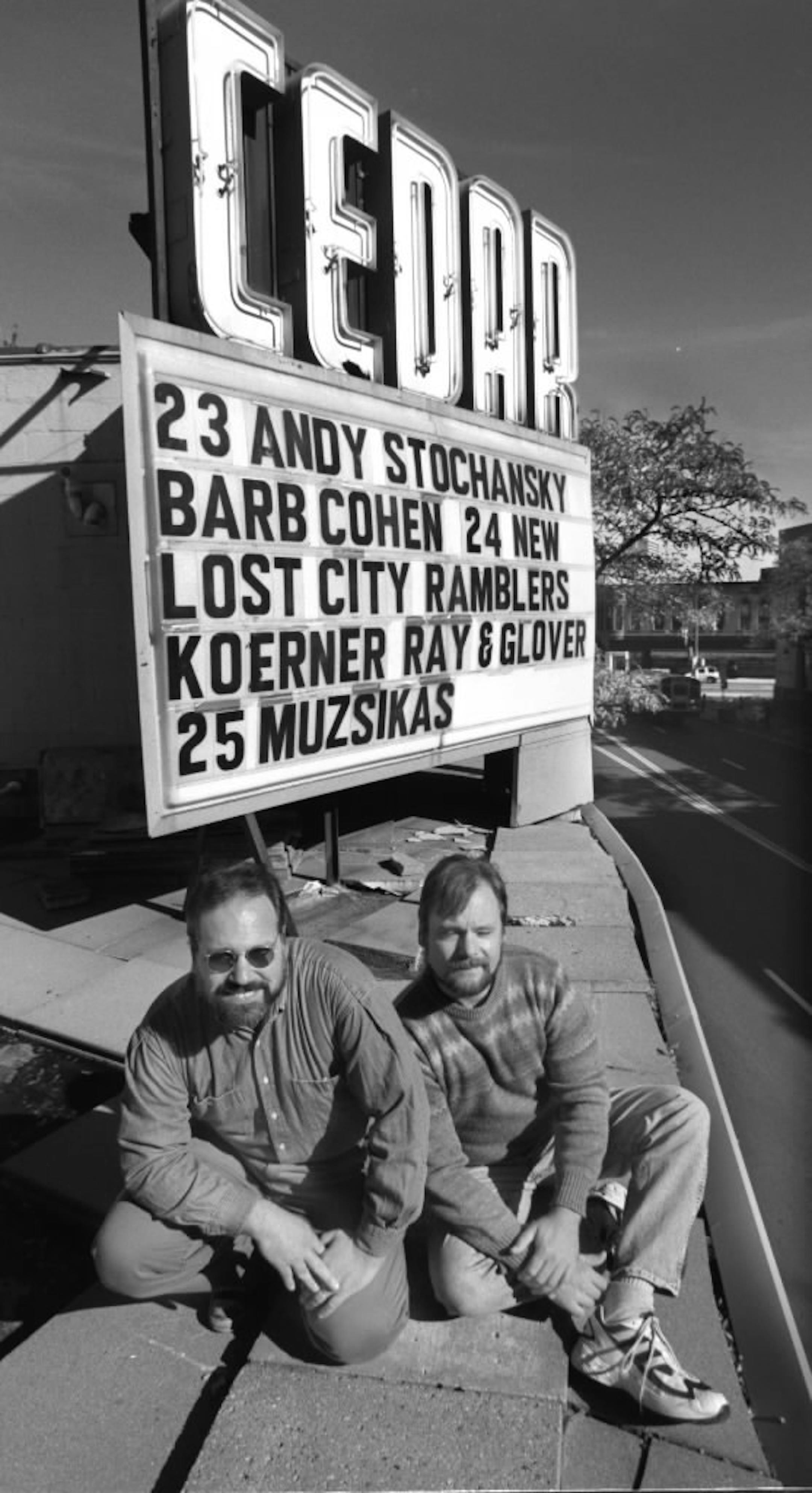 Former Cedar Cultural Center director Bill Kubesczko, (left) and operations manager David Alderson during the first 10 years of the venue.