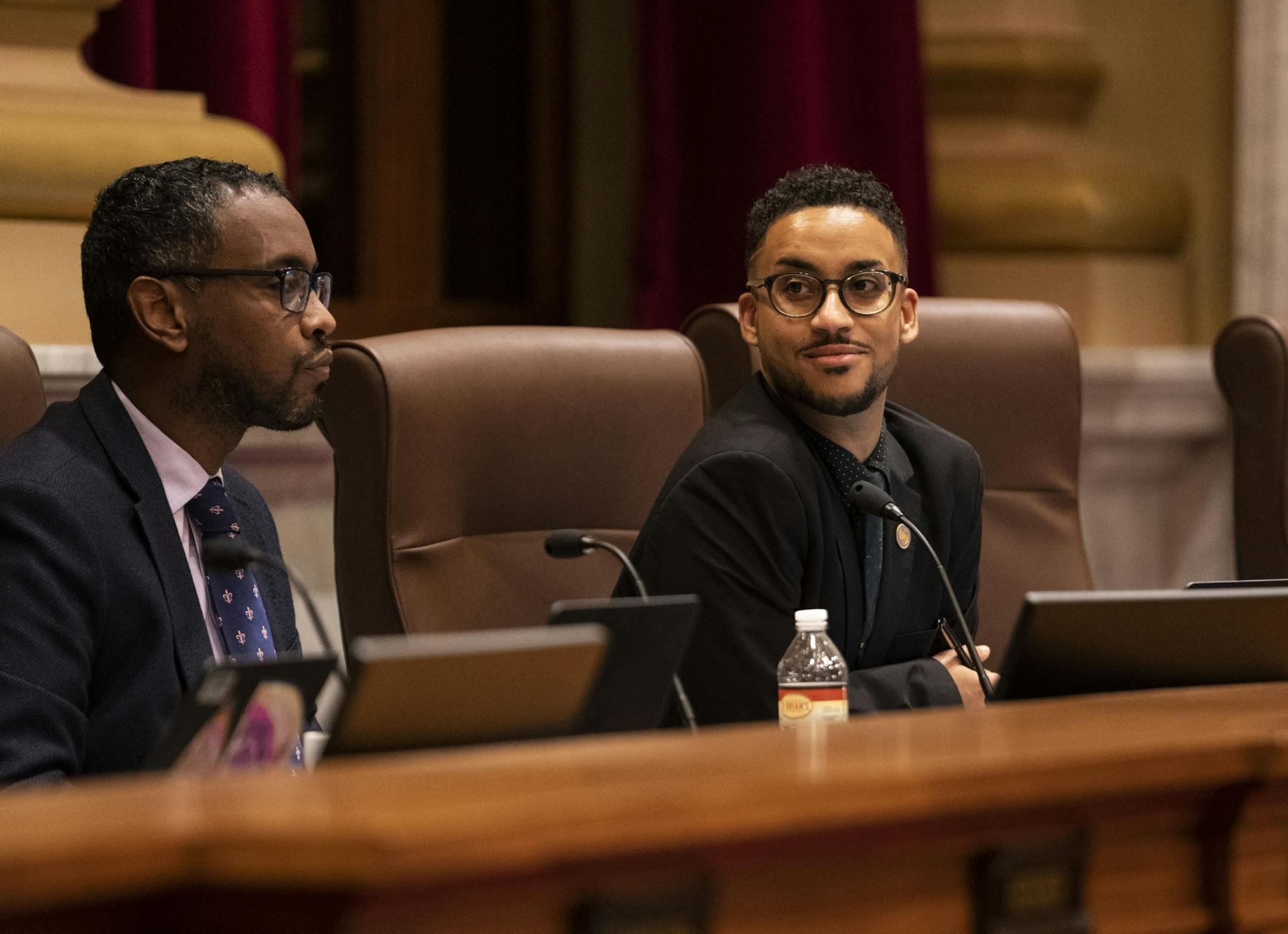 Council member Phillipe Cunningham reacted to being mentioned in a commentators speech saying he tweeted insensitively about opponents of the 2040 Comprehensive Plan during a public hearing on at City Hall in Minneapolis, Minn., on Wednesday, November 14, 2018.