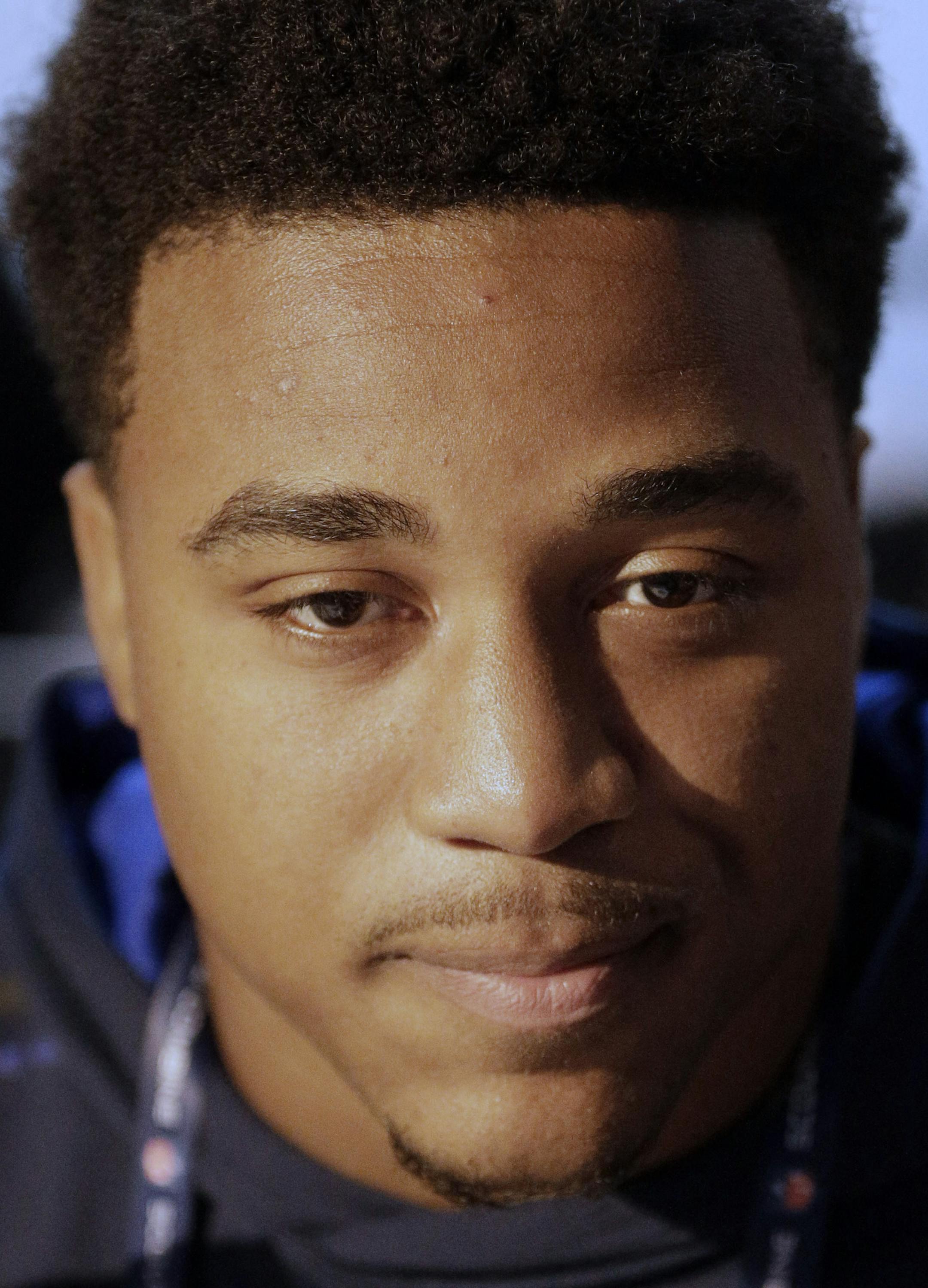 Southern Illinois tight end Mycole Pruitt answers a question during a news conference at the NFL football scouting combine in Indianapolis, Wednesday, Feb. 18, 2015. (AP Photo/David J. Phillip)