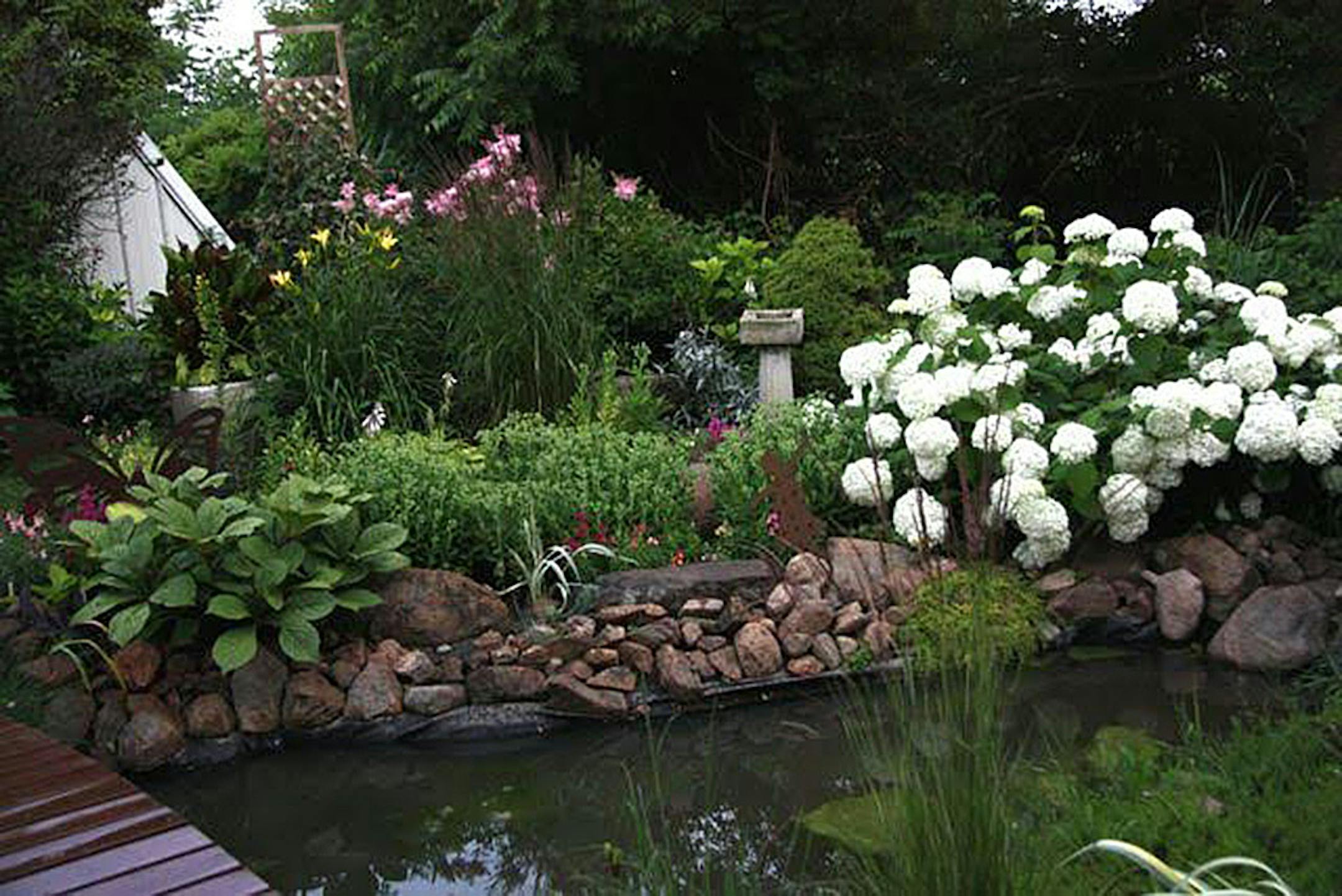 Mike and Kathy Pedersen's Shakopee gardens are an oasis of colorful perennials and hosta bordering a stream and pond.
