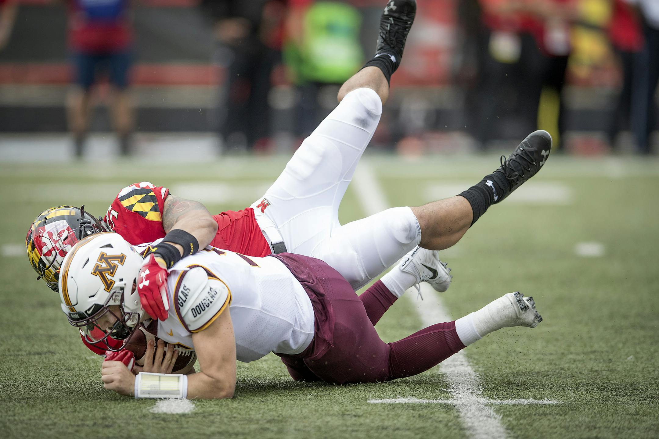 Maryland linebacker Tre Watson sacked quarterback Zack Annexstad during the Gophers' Big Ten opener on Sept. 22.