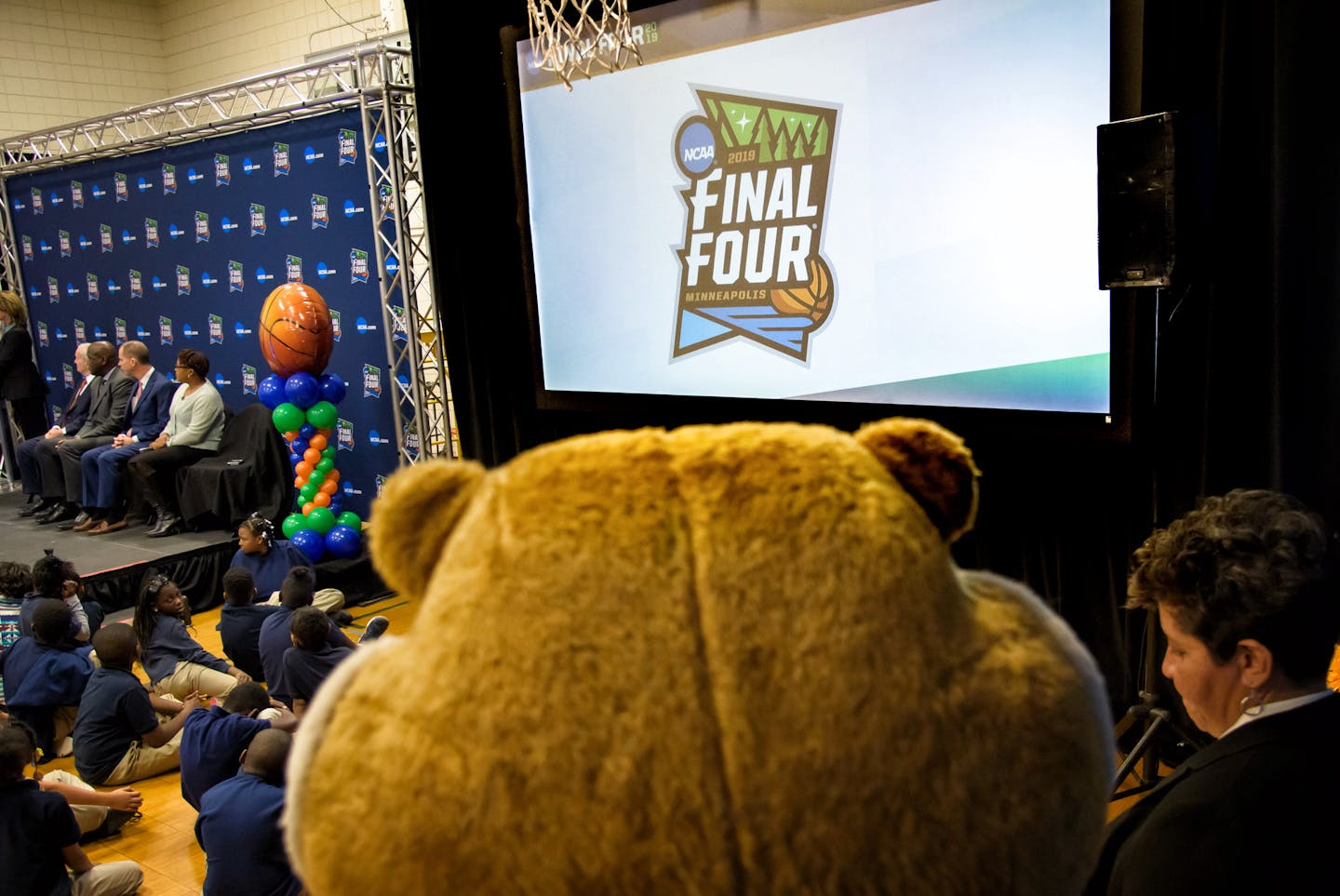 The NCAA Final Four logo is unveiled. ] GLEN STUBBE &#x2022; glen.stubbe@startribune.com Friday, December 8, 2017 Minneapolis Final Four Local Organizing Committee unveiled the logo for the 2019 Final Four to be held at U.S. Bank Stadium. The trophy, marching band, the governor, U basketball coach will all be there.