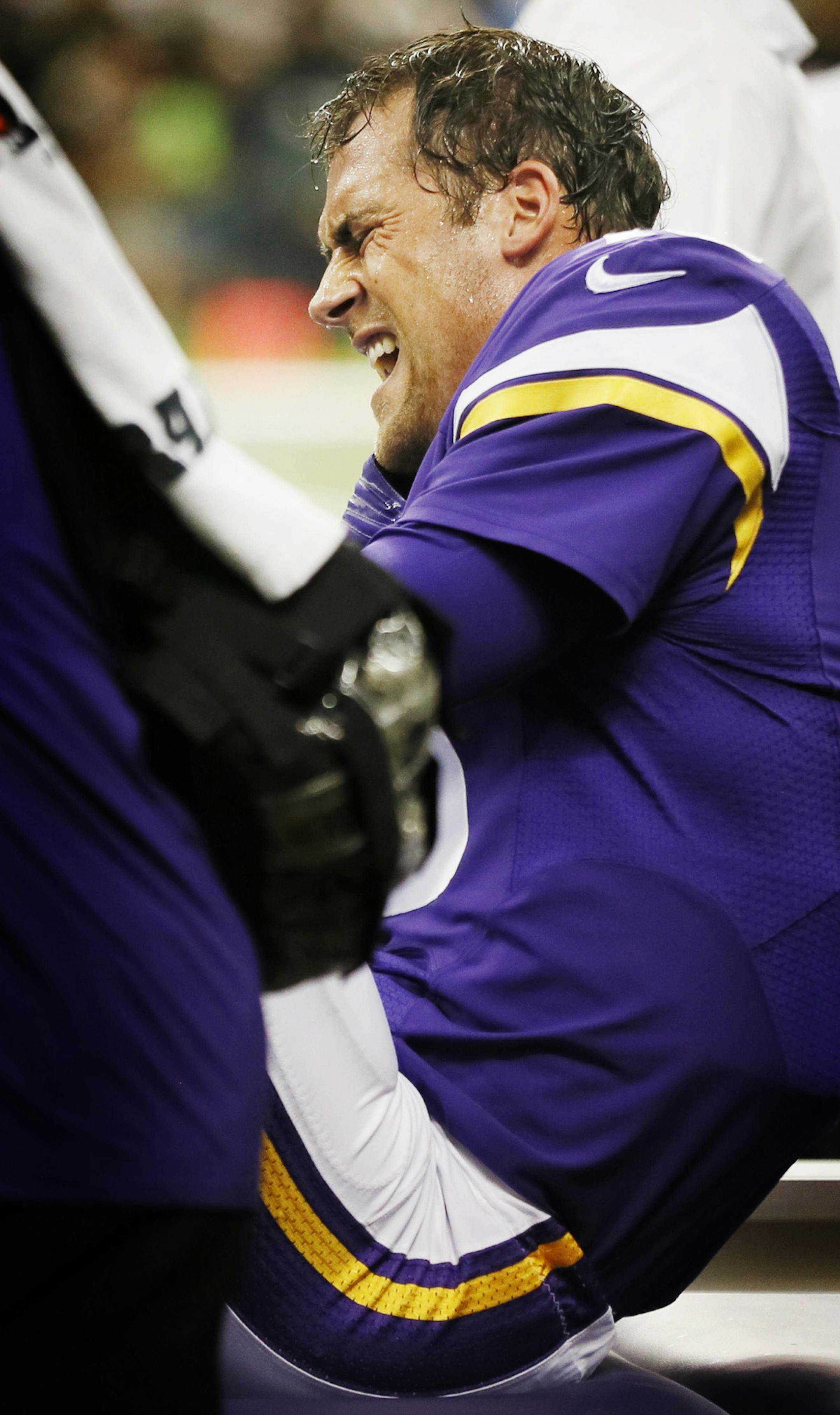 Minnesota Vikings quarterback Matt Cassel (16) foot was injured in the second quarter.The Minnesota Vikings played the New Orleans Saints at the Mercedes-Benz Superdome Sunday September 21 , 2014 in New Orleans ,LA. ] Jerry Holt Jerry.holt@startribune.com
