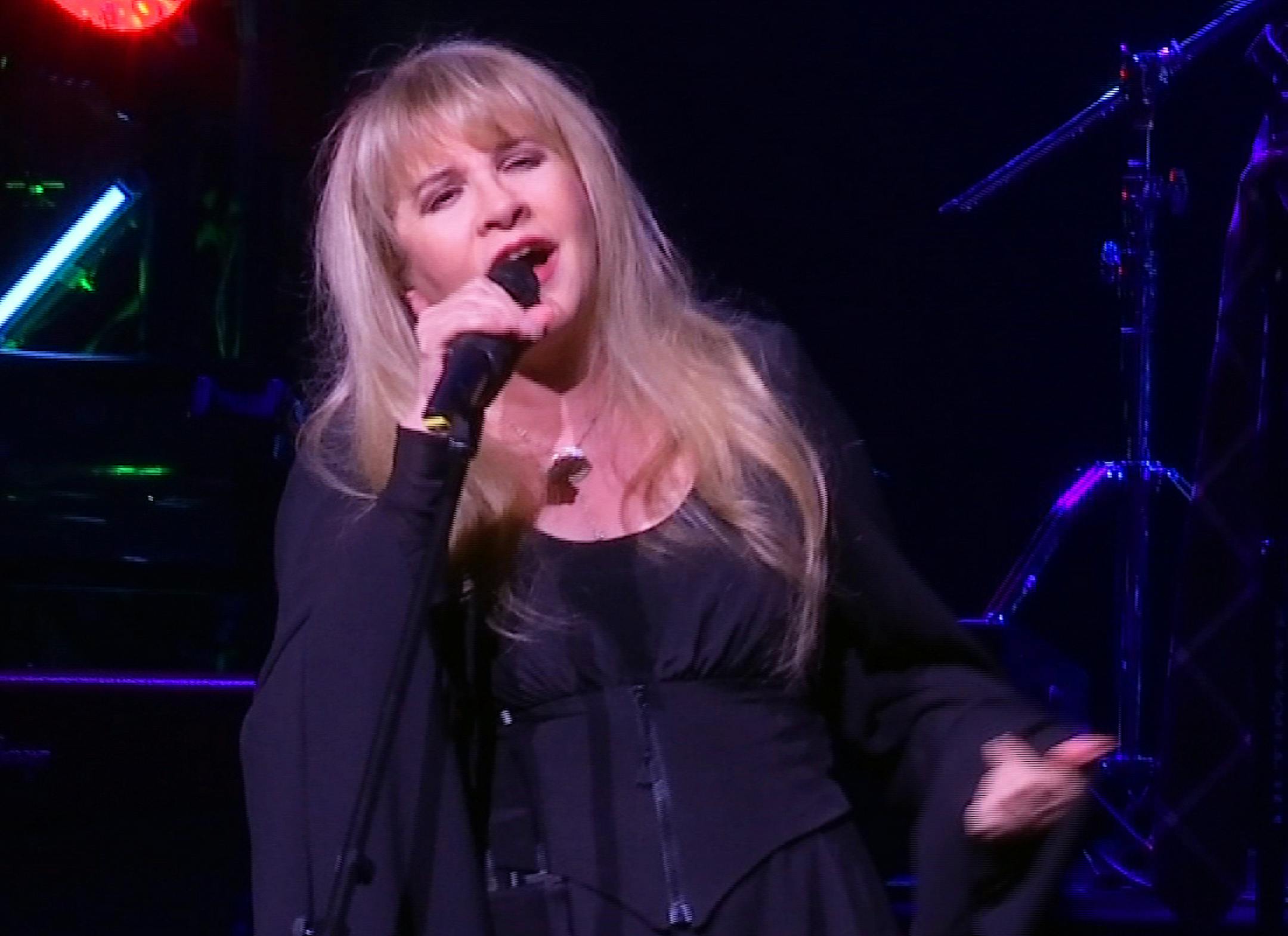 This image made from video shows singer Stevie Nicks singing "Rhiannon" during a surprise performance after the curtain call for the musical "School of Rock" in New York in 2016.