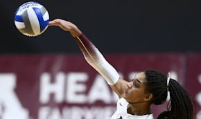 Outside hitter Taylor Landfair (shown against Penn State in February of 2021) led the Gophers with 15 kills in their loss to Pepperdine on Thursday.