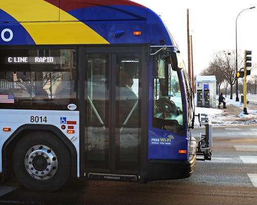 A C Line rapid bus approaches a stop at Olson Memorial Highway and Penn Ave. N. Tuesday, Dec. 17, 2019, outside HCMC at 8th St. and Chicago Ave.] DAVID JOLES • david.joles@startribune.com This year will be an important building block for Metro Transit's bedrock bus service. More than a half dozen major lines are in the works, including the Upper Midwest's first true bus-rapid transit line in the east Metro. But transit planners say a stable source of funding is needed to make the transit system