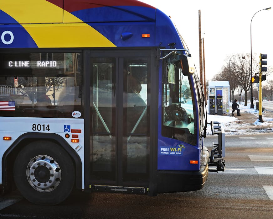 A C Line rapid bus approaches a stop at Olson Memorial Highway and Penn Ave. N. Tuesday, Dec. 17, 2019, outside HCMC at 8th St. and Chicago Ave.] DAVID JOLES • david.joles@startribune.com This year will be an important building block for Metro Transit's bedrock bus service. More than a half dozen major lines are in the works, including the Upper Midwest's first true bus-rapid transit line in the east Metro. But transit planners say a stable source of funding is needed to make the transit system