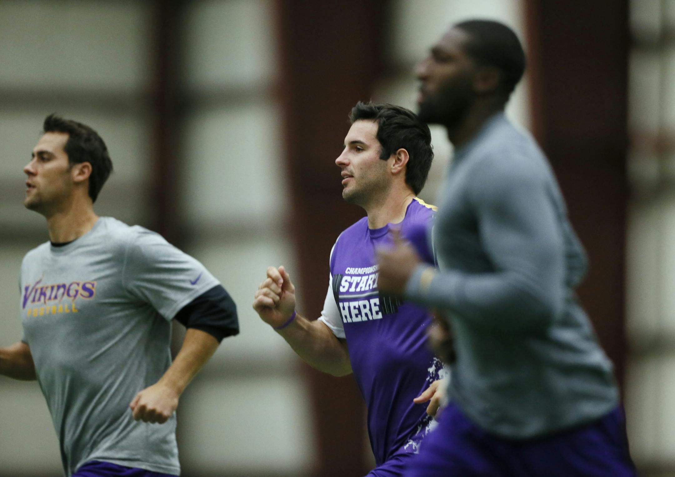 Vikings quarterbacks Matt Cassel left and Christian Ponder and receiver Greg Jennings took part in a offseason conditioning program Wednesday May 1, 2013 in Eden Prairie, MN.