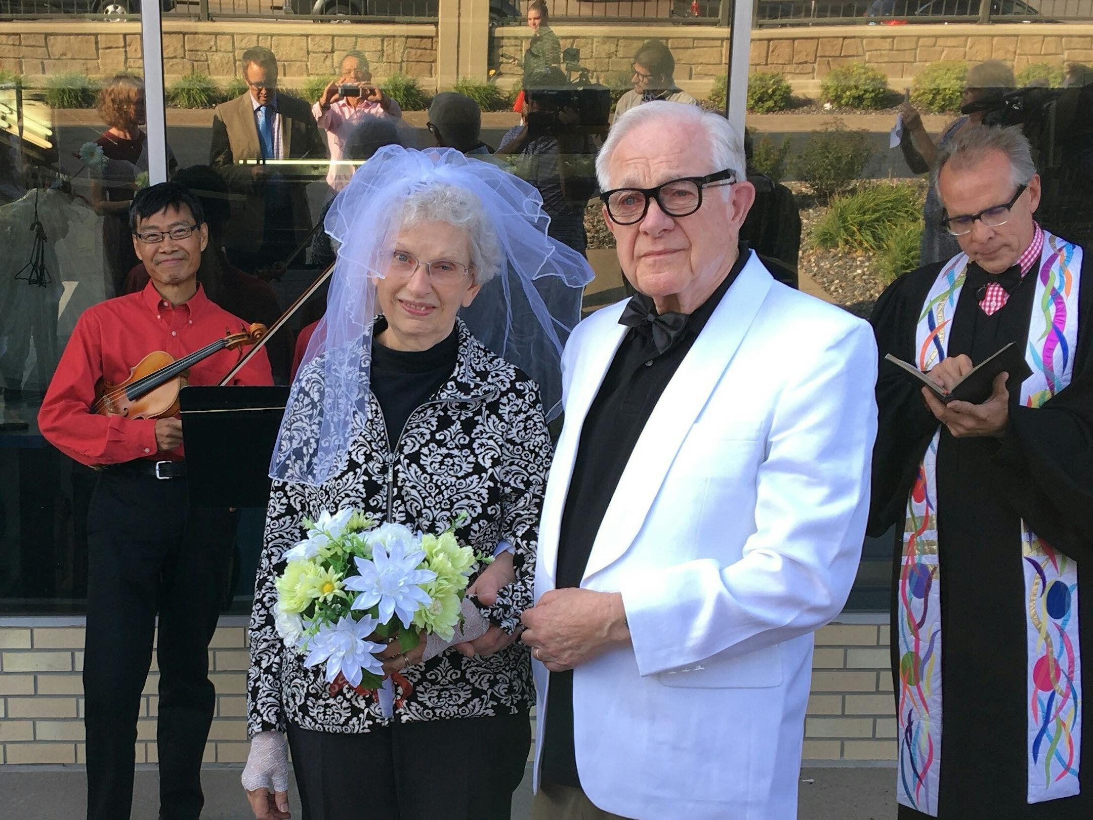 Diane and Jim Cook after renewing their wedding vows in the parking lot of a Pilgrim Dry Cleaners location in Robbinsdale on their 60th anniversary.