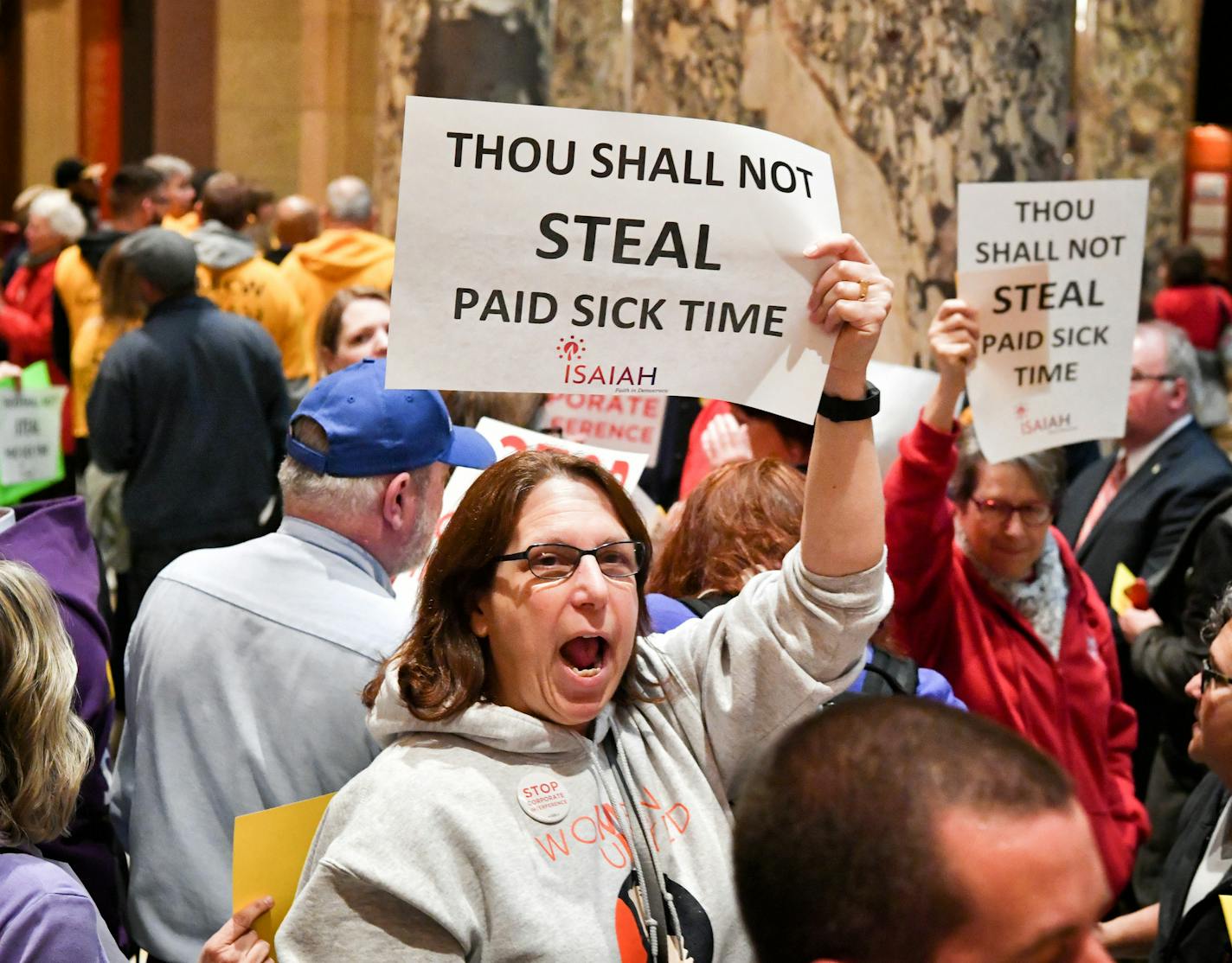 A coalition of groups including Main Street Alliance, TakeAction Minnesota, Neighborhoods Organizing for Change (NOC), SEIU Minnesota, AFL-CIO, and ISAIAH protested the preemption bill outside the Senate Chamber Thursday morning. ] GLEN STUBBE &#x2022; glen.stubbe@startribune.com Thursday April 20, 2017 Minnesota Senate votes Thursday on the bill that would prevent cities from mandating sick leave or setting a minimum wage. A coalition of groups including Main Street Alliance, TakeAction Minneso