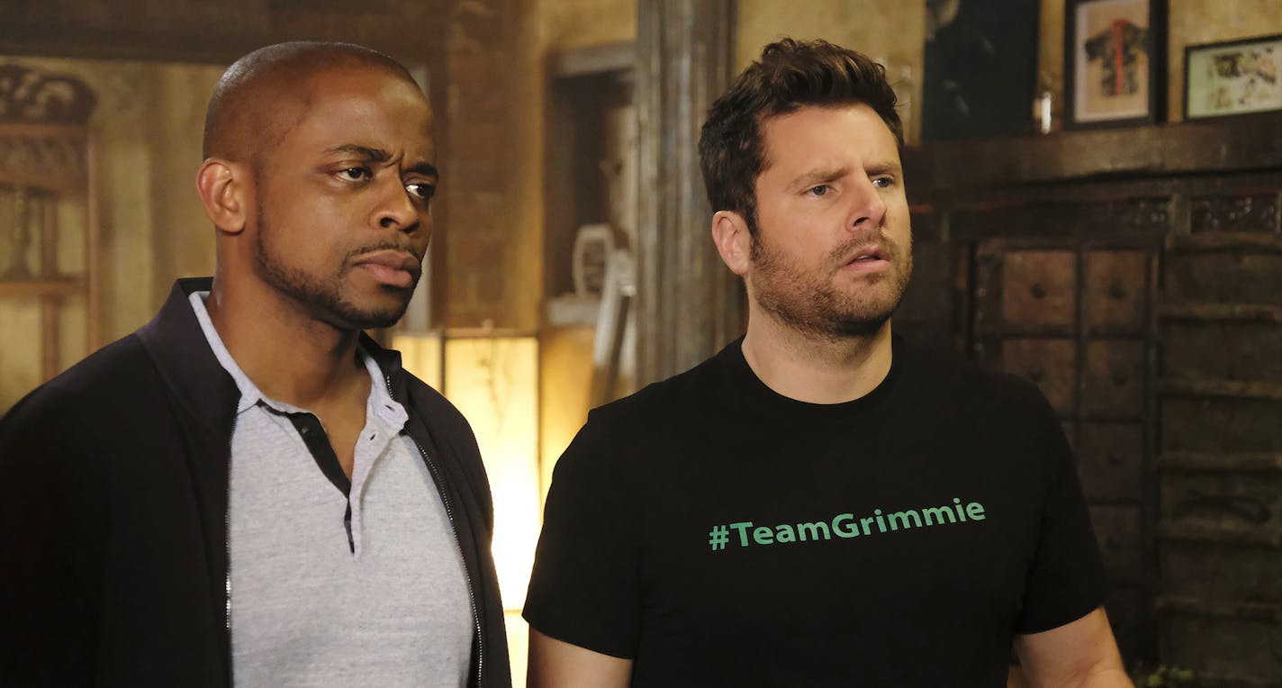 Dule Hill, left, and James Roday in "Psych: The Movie." (Photo by: Alan Zenuk/USA Network) ORG XMIT: Season:2017