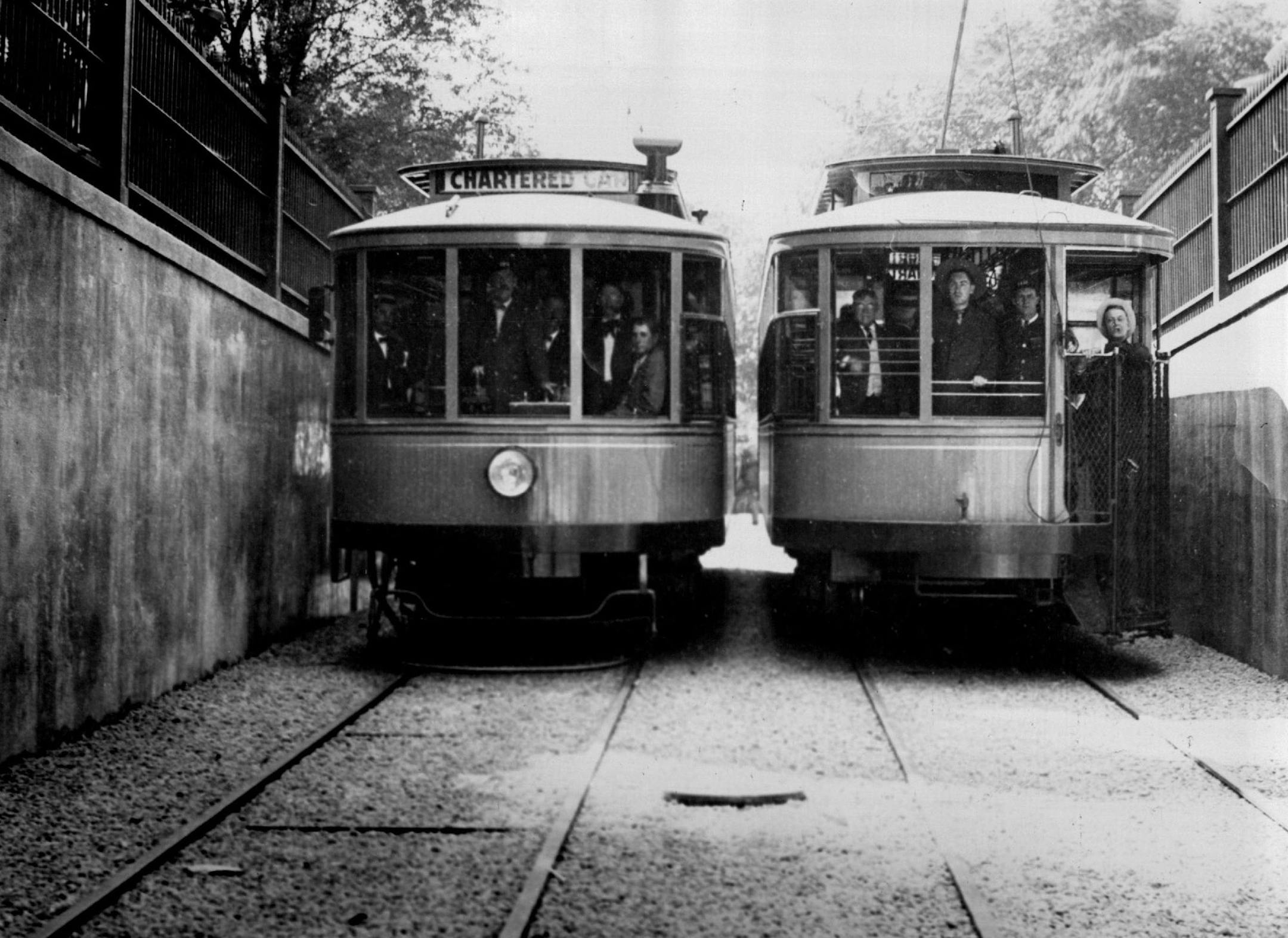 Twin City Rapid Transit Co. streetcars enter the Selby Tunnel in St. Paul for the first time in Sept. 1907.