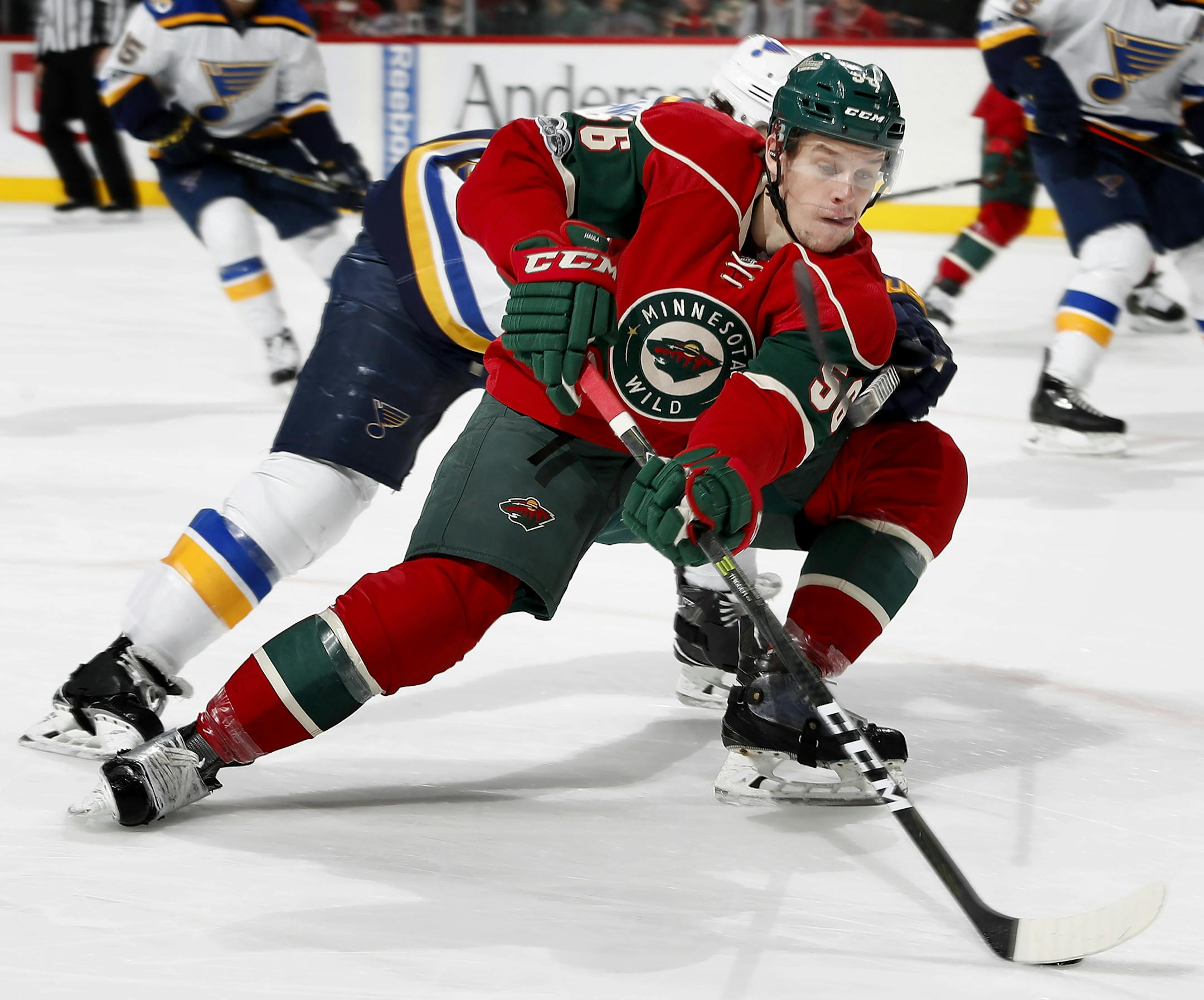 Erik Haula (56) sped toward the goal in the first period. ] CARLOS GONZALEZ ï cgonzalez@startribune.com - January 26, 2017, St. Paul, MN, Xcel Energy Center, NHL, Hockey, St. Louis Blues at Minnesota Wild