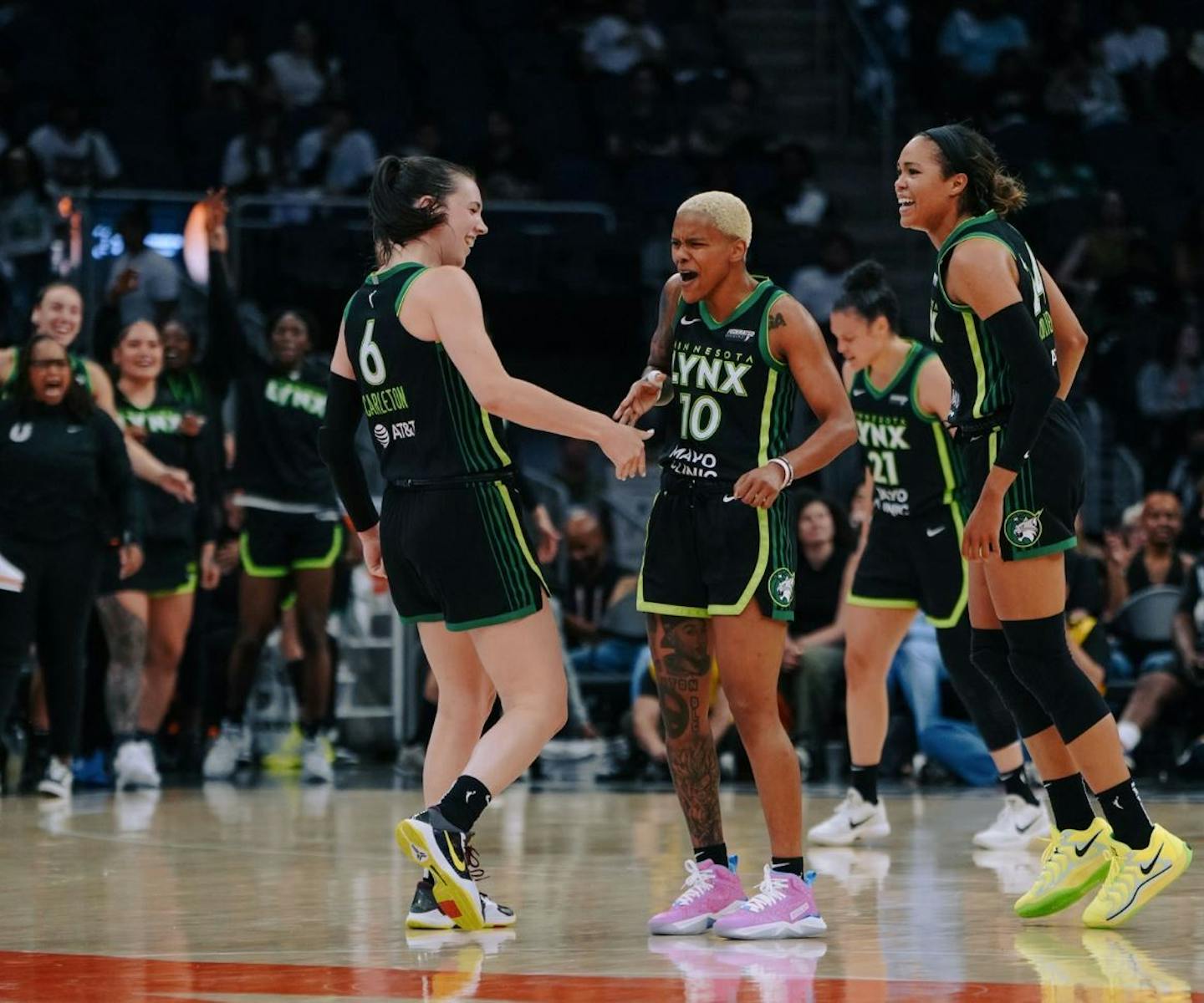 The Lynx's Bridget Carleton (6) and Courtney Williams (10) scored 23 and 11 points, respectively, against the Liberty in the WNBA Commissioner's Cup o