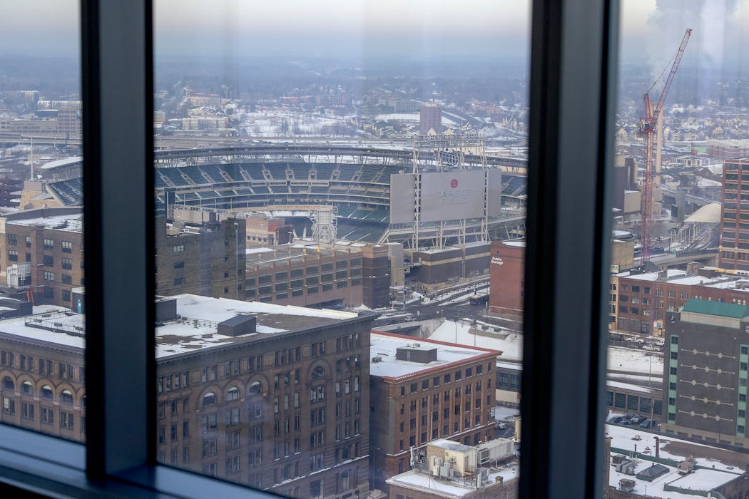 Target Field and parts of the Warehouse District, as seen from inside the RBC Gateway tower.