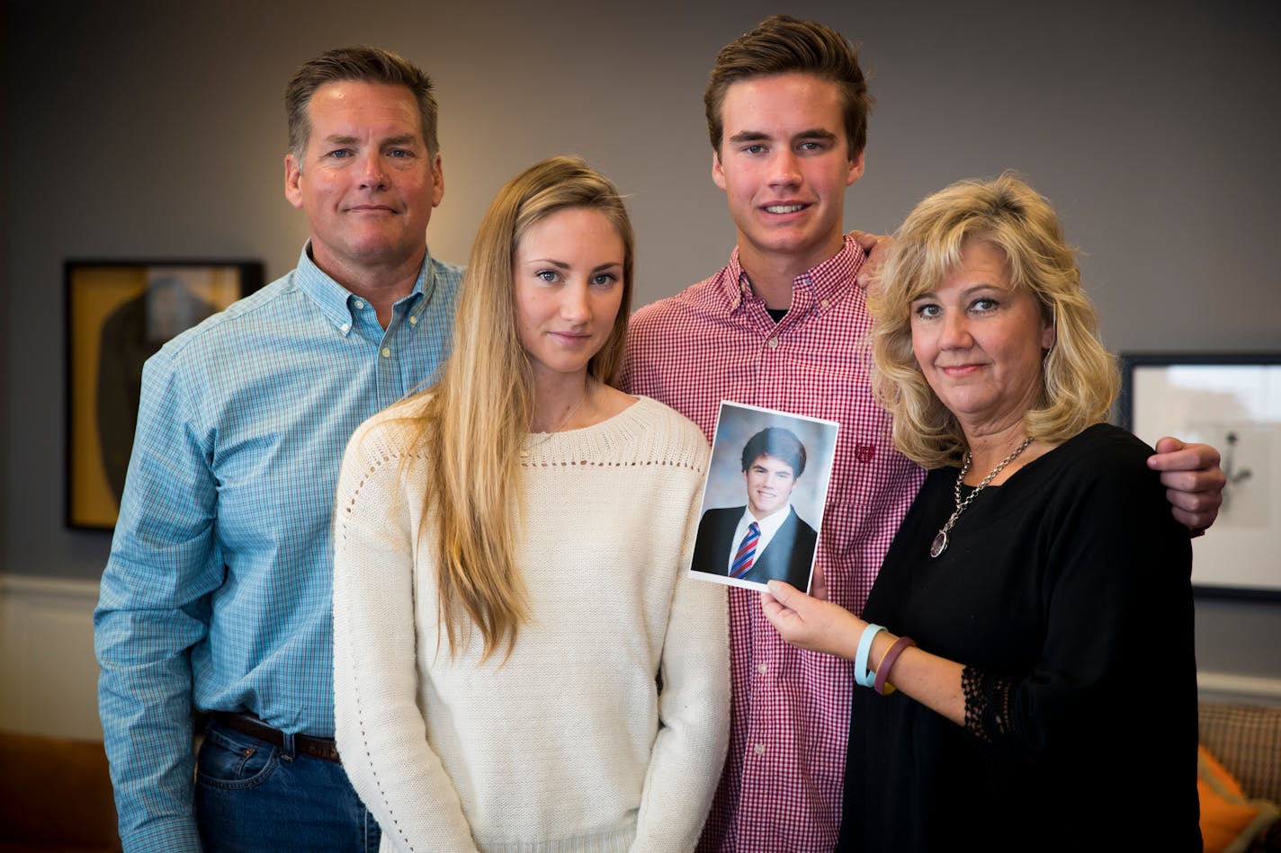 The Anderson family from the left; Bill, Emily, Luke and Kristi photographed on Monday, December 12, 2016, in Minneapolis, Minn. The family of a University of Minnesota student Jake Anderson, who died of hypothermia in 2013, have sued the city for wrongful conduct in connection with their son's death saying that first responders made no effort to save their son or revive him after finding him frozen outside and instead left him in the freezing temperatures for hours more instead of bringing him