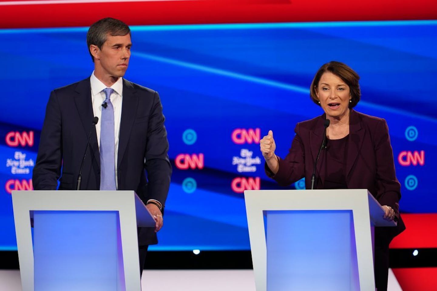 Sen. Amy Klobuchar (D-Minn.), right, speaks during the Democratic presidential debate at Otterbein University in Westerville, Ohio, on Tuesday, Oct. 15, 2019. Former Rep. Beto O'Rourke of Texas is at left.