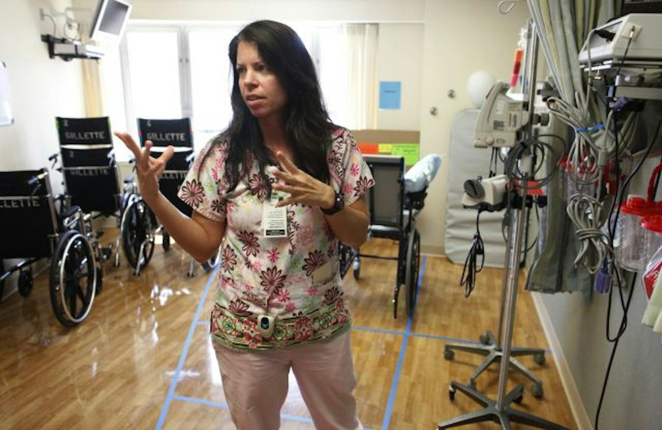Nurse Kristin Liehr explained how something as simple as improved storage space has helped nurses spend less time running around and more time with patients. Above, a patient room at Gillette Children's Specialty Healthcare in St. Paul has been turned into a supply room.