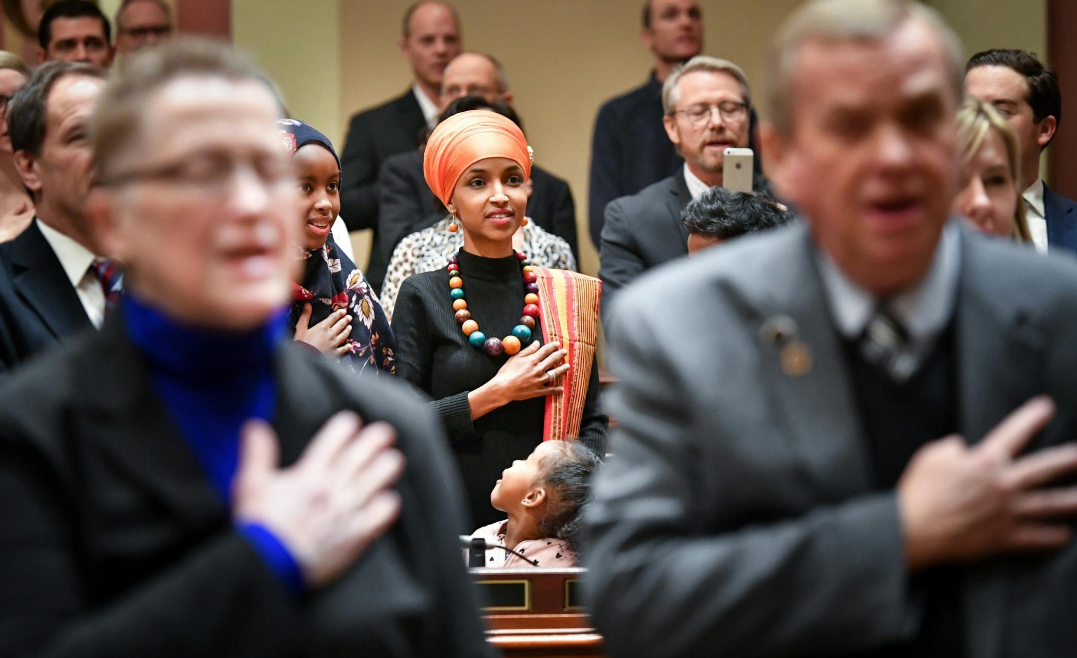 Ilhan Omar, the First Somali-American US Legislator held her hand over her heart for the Pledge of Allegiance at the Minnesota State Capitol for the first day of the legislative session.