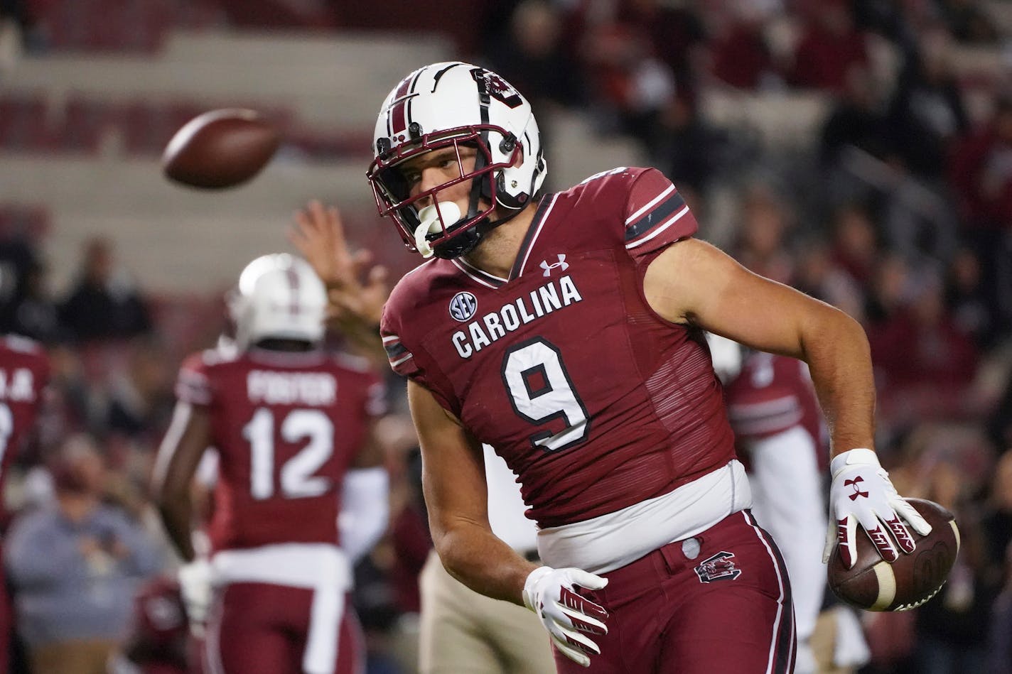 South Carolina tight end Nick Muse (9) warms up before an NCAA college football game against Auburn Saturday, Nov. 20, 2021, in Columbia, S.C. South Carolina won 21-17. (AP Photo/Sean Rayford)