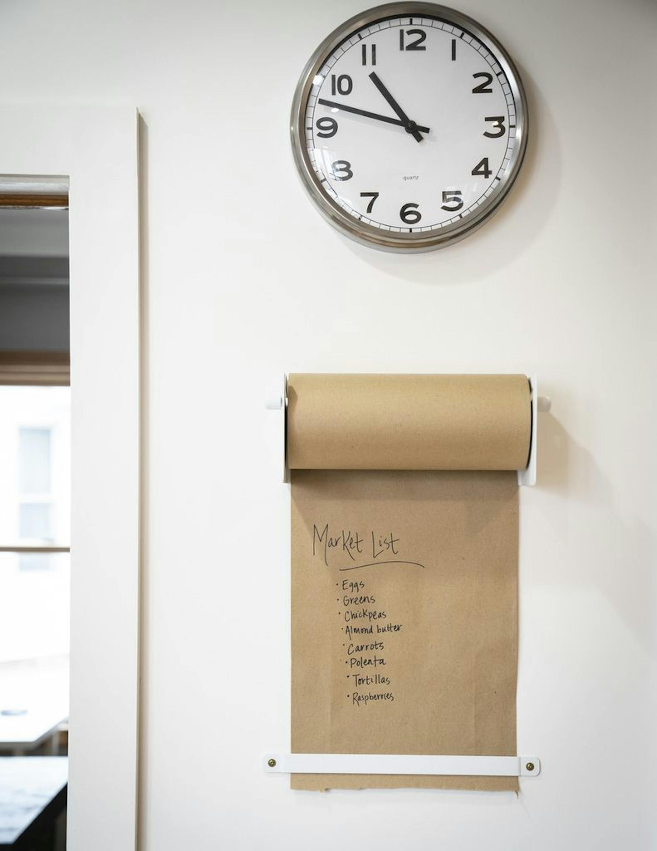 A roll of brown paper is mounted for jotting to-do lists.