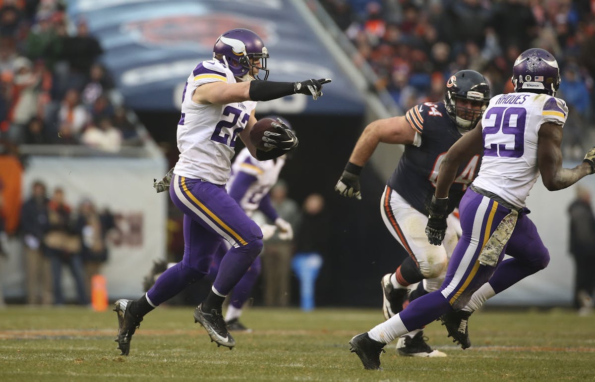 Minnesota Vikings free safety Harrison Smith (22) intercepted a third quarter pass and returned it 52 yards Sunday afternoon at Soldier Field in Chica