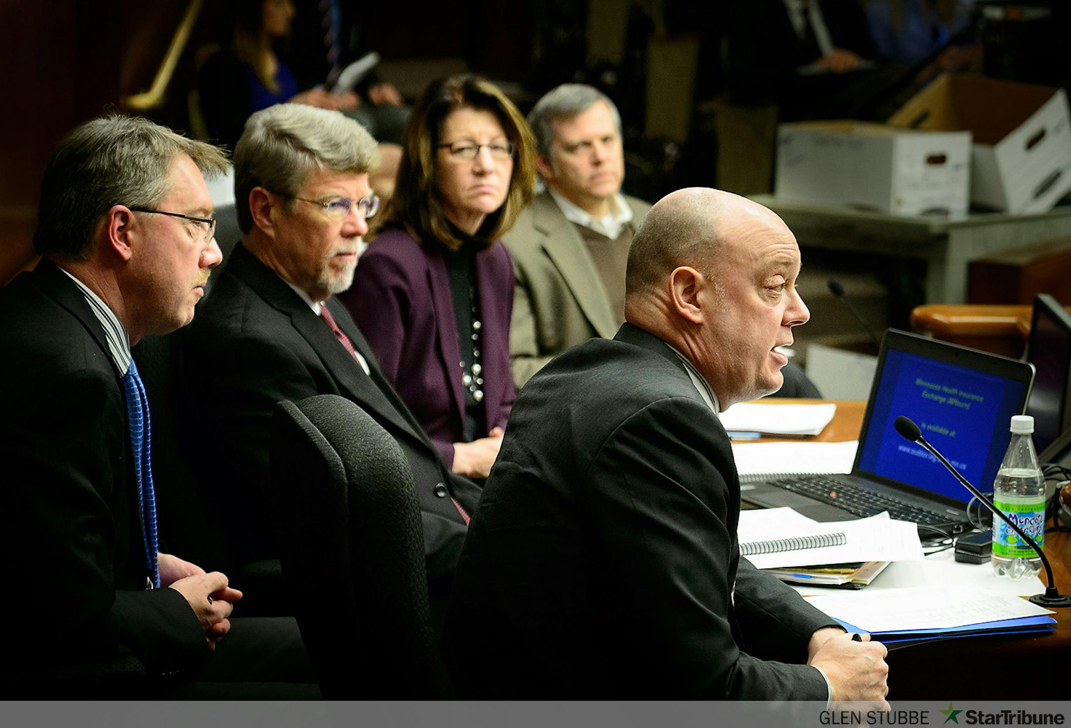 Legislators questioned the legislative auditor and MNsure officials for nearly three hours.  foreground, MNsure CEO Scott Leitz, L to R behind him, evaluation manager Joel Alter, Legislative Auditor James Nobles, DHS Commissioner Lucinda Jesson and MNsure chairman Brian Beutner.    ] GLEN STUBBE * gstubbe@startribune.com Tuesday, February 17, 2015   Legislative Auditor James Nobles called MNSure "seriously flawed" and said it was "well intended but not well executed."