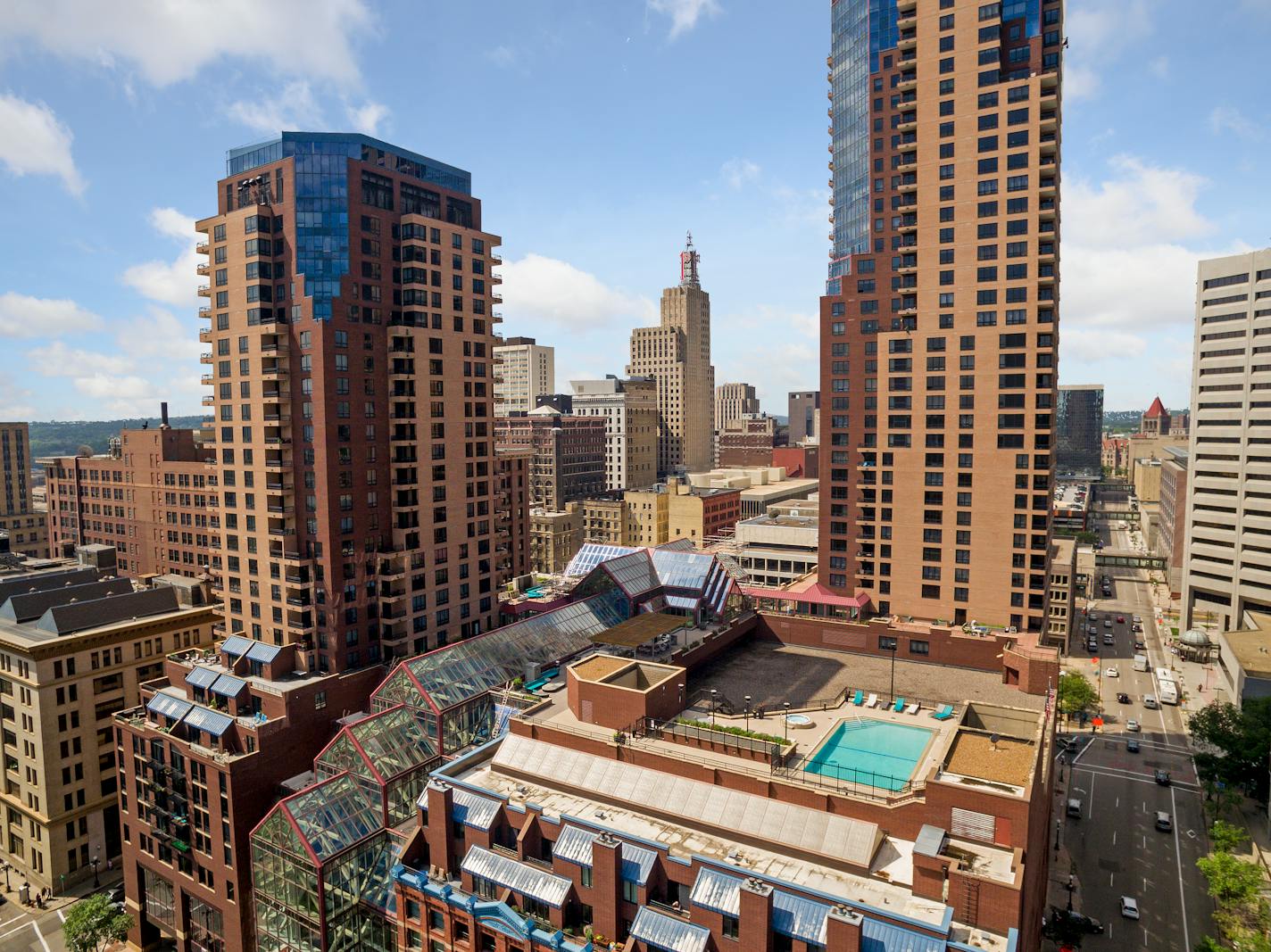 The Cray Plaza surrounded by the twin Galtier towers in Lowertown St. Paul.